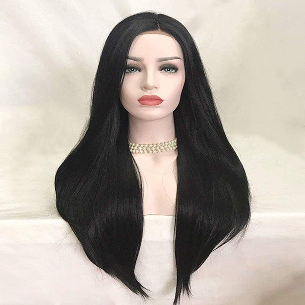 Hand-Woven European & American Fashion Lace Front Wig - Black Straight Human Hair with Long Length & Side Bangs for Women | Perfect for Cosplay, Daily Wear, and Special Occasions