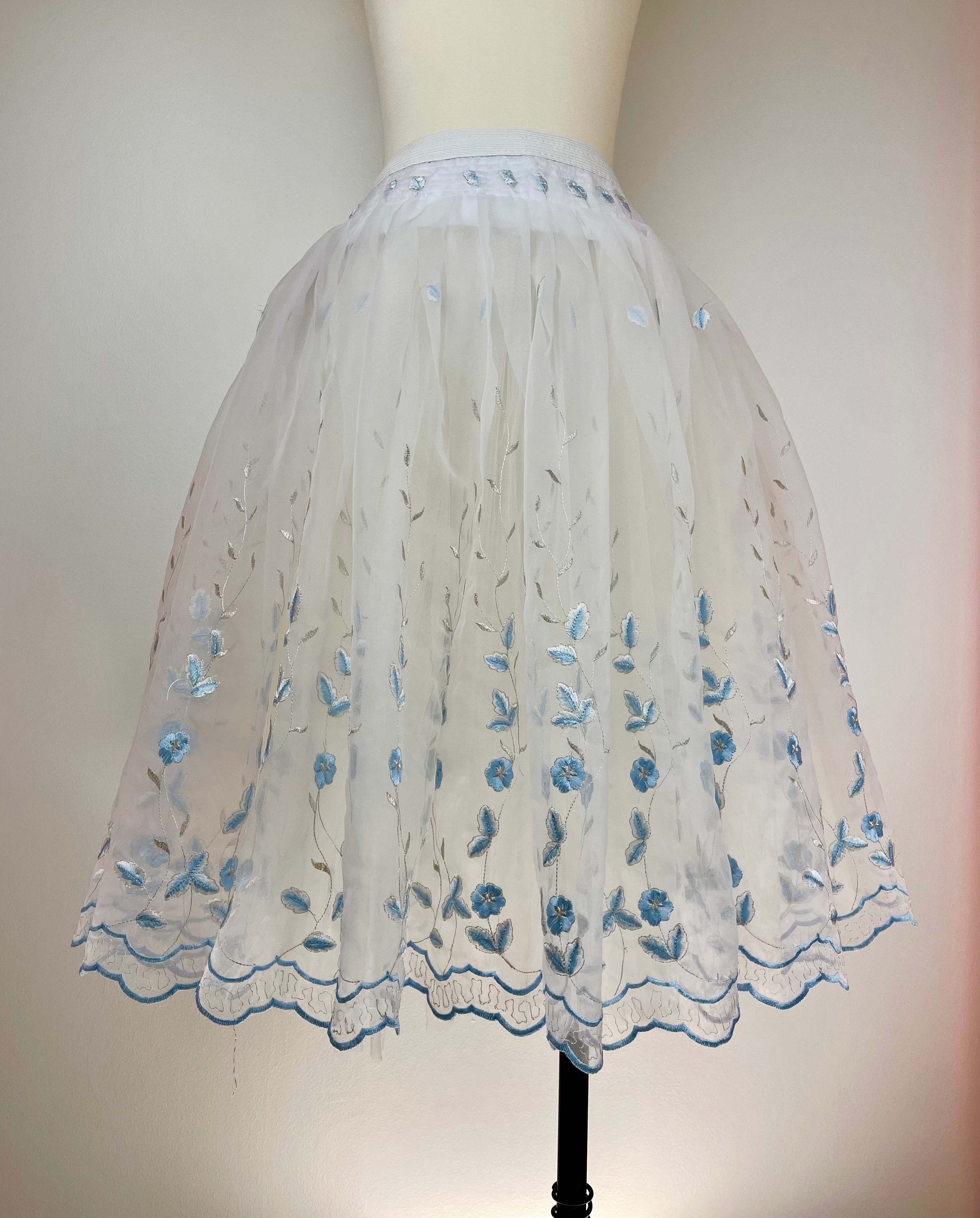 Custom Peasant Style Over Skirt - White with Blue Floral Embroidery | Handmade to Order | Perfect for Renaissance Fairs, Boho Festivals & Vintage Styling