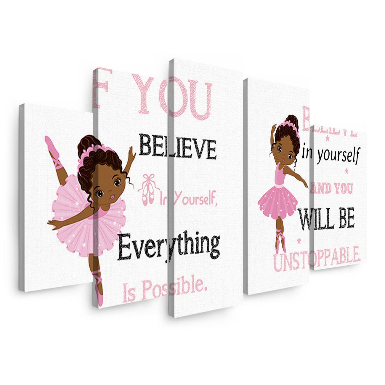 5 Panels Pink Ballerina Dancer Inspirational Quotes Canvas Wall Art - Modern Stretched Framed Painting for Bedroom, Living Room Decor | Perfect for Girls' Room, Nursery & Dance Studio Wall Decor