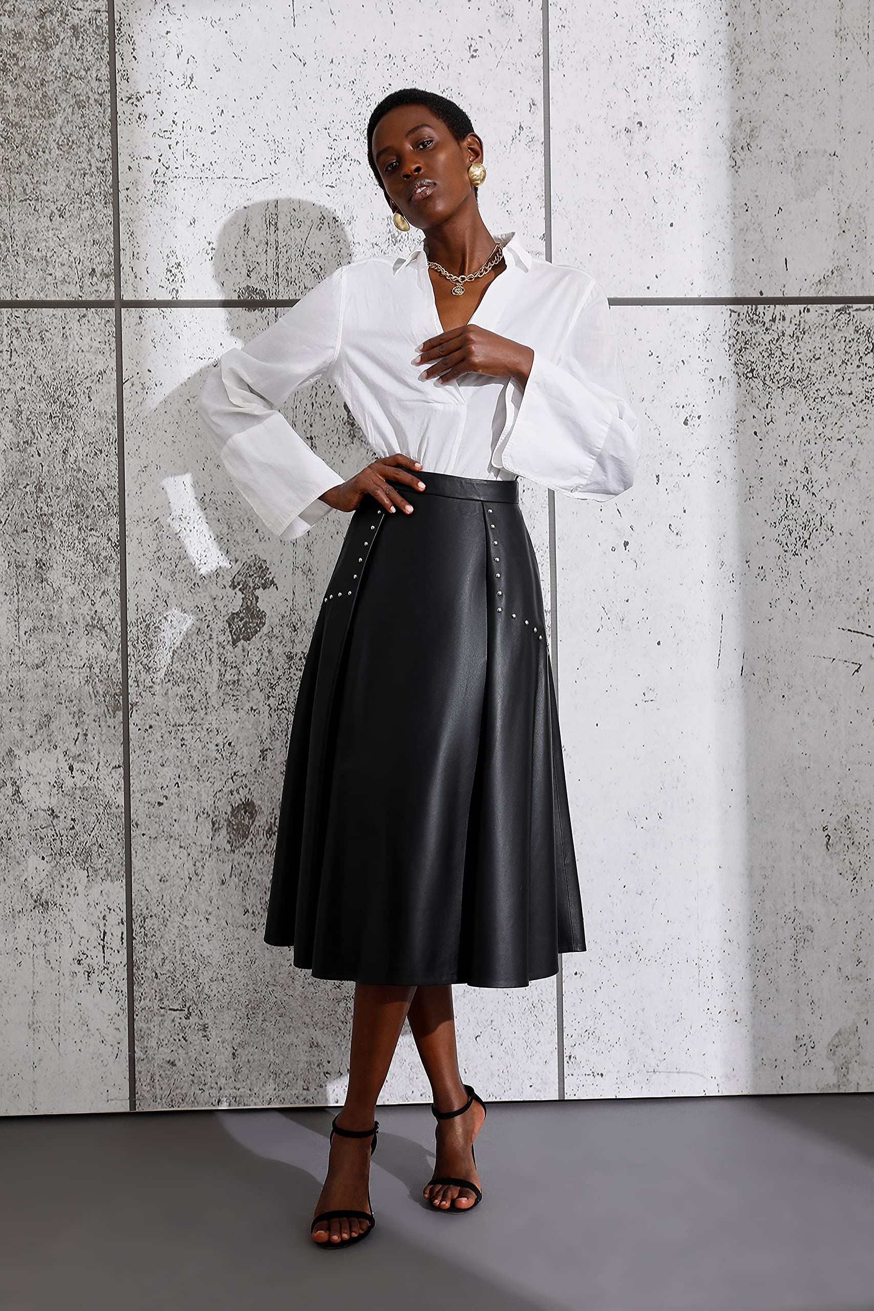 Genuine Leather High Waisted Midi Skirt for Women - Flared Skater Style in Black | Perfect for Office, Date Night & Casual Outfits