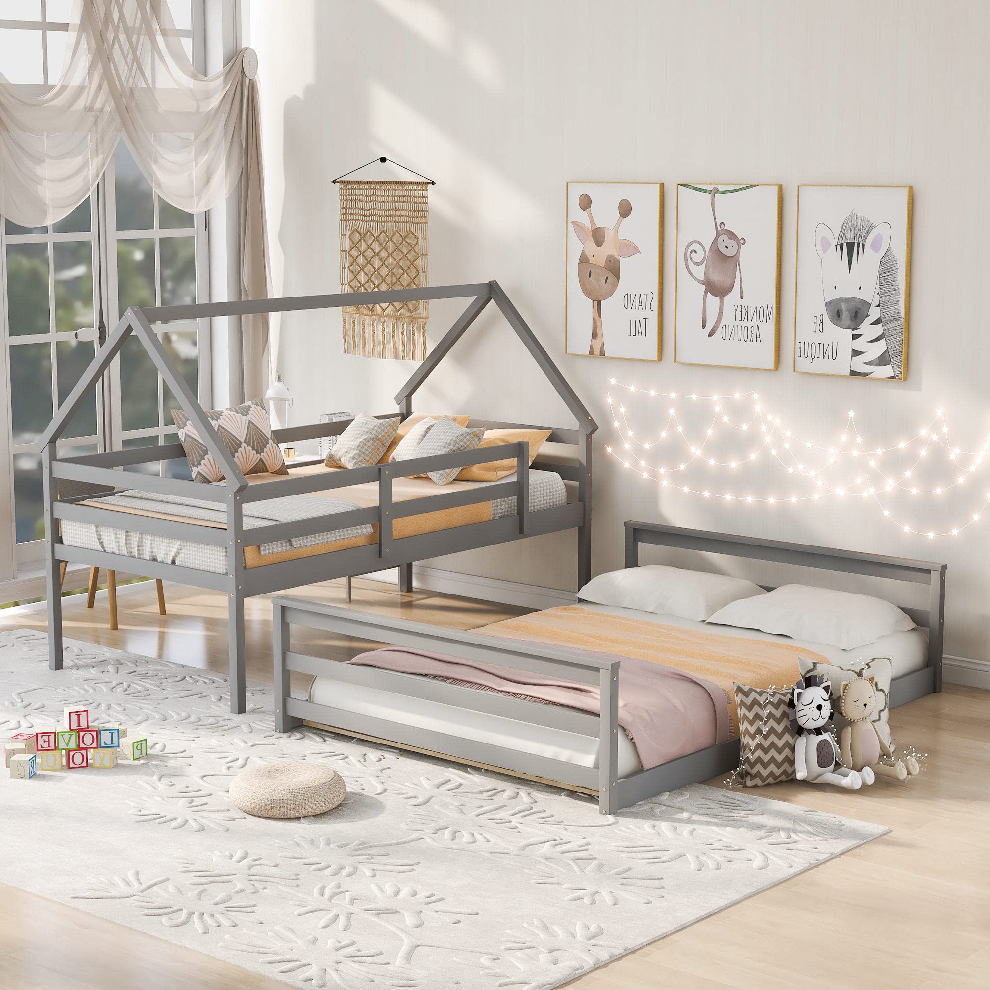 Low Bunk Bed Twin Over Full - Sturdy Wooden House Bunk Bed Frame with Ladder & Safety Guardrail - Space-Saving Loft Bed for Kids, Teens, Students & Guest Rooms - No Box Spring Needed - Gray - Perfect for Small Bedrooms, Dormitories & Vacation Homes
