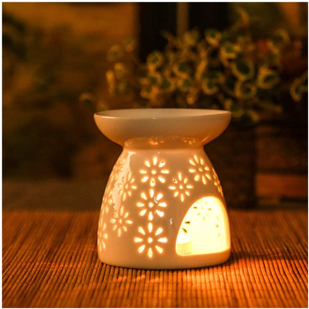 Ceramic Wax Warmer with Flower Pattern - Aromatherapy Essential Oil Burner & Scented Candle Diffuser for Home, Bedroom Decor - Perfect for Relaxation and Stress Relief