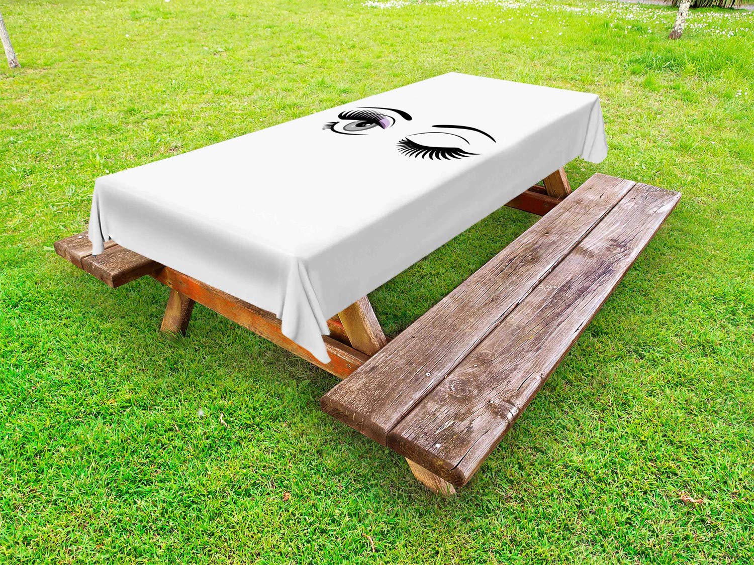 Ambesonne Washable Outdoor Tablecloth - Cartoon Style Dramatic Woman Eyes with Long Lashes Winking Design, Decorative Picnic Table Cover 58x120 Inches, Lilac Grey Black - Perfect for BBQs, Garden Parties & Outdoor Dining