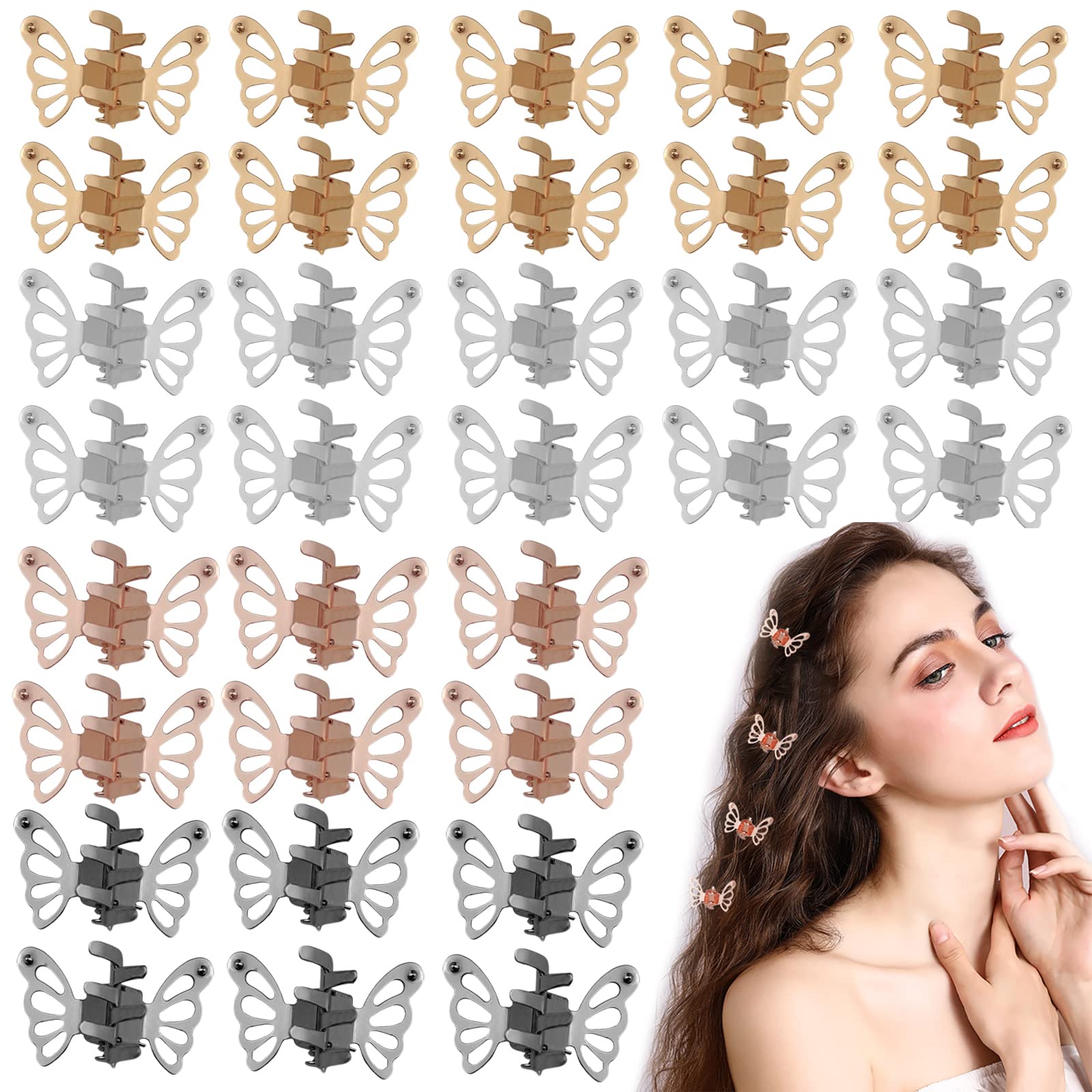 DonLeeving 100 Pcs Mini Butterfly Hair Clips - Small Metal Hair Claws for Women & Girls (Gold, Silver, Gun Black, Rose Gold) | Perfect for School, Work, Parties & Everyday Hairstyles