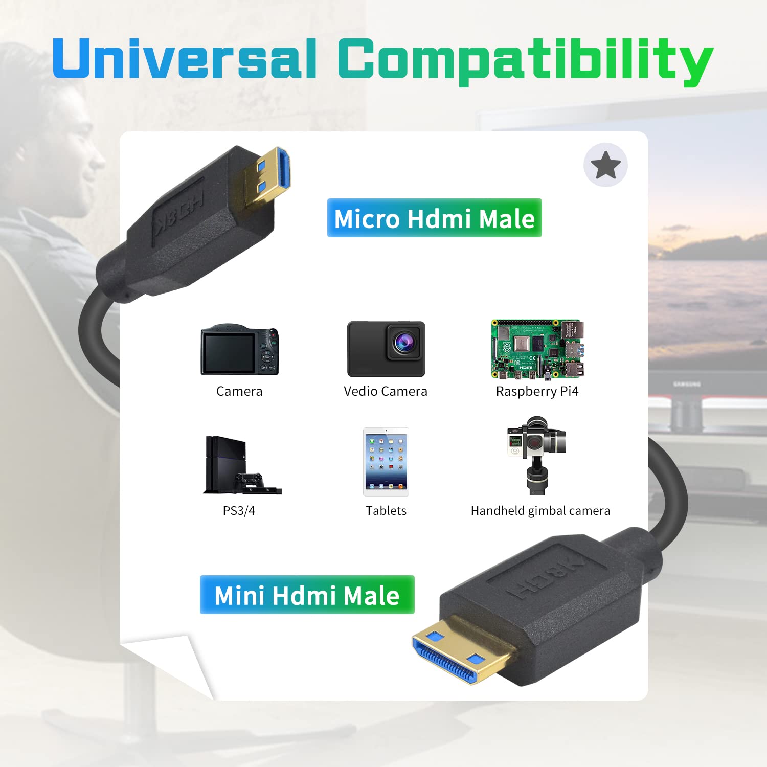Duttek 8K Micro HDMI to Mini HDMI 2.1 Coiled Cable - 48Gbps Ultra Thin Mini HDMI Male to Micro HDMI Male Cable with Dynamic HDR Support - Perfect for Cameras, Camcorders, and DC Devices (1.2M/4ft) - Ideal for 8K Video Recording, Live Streaming, and Professional Photography