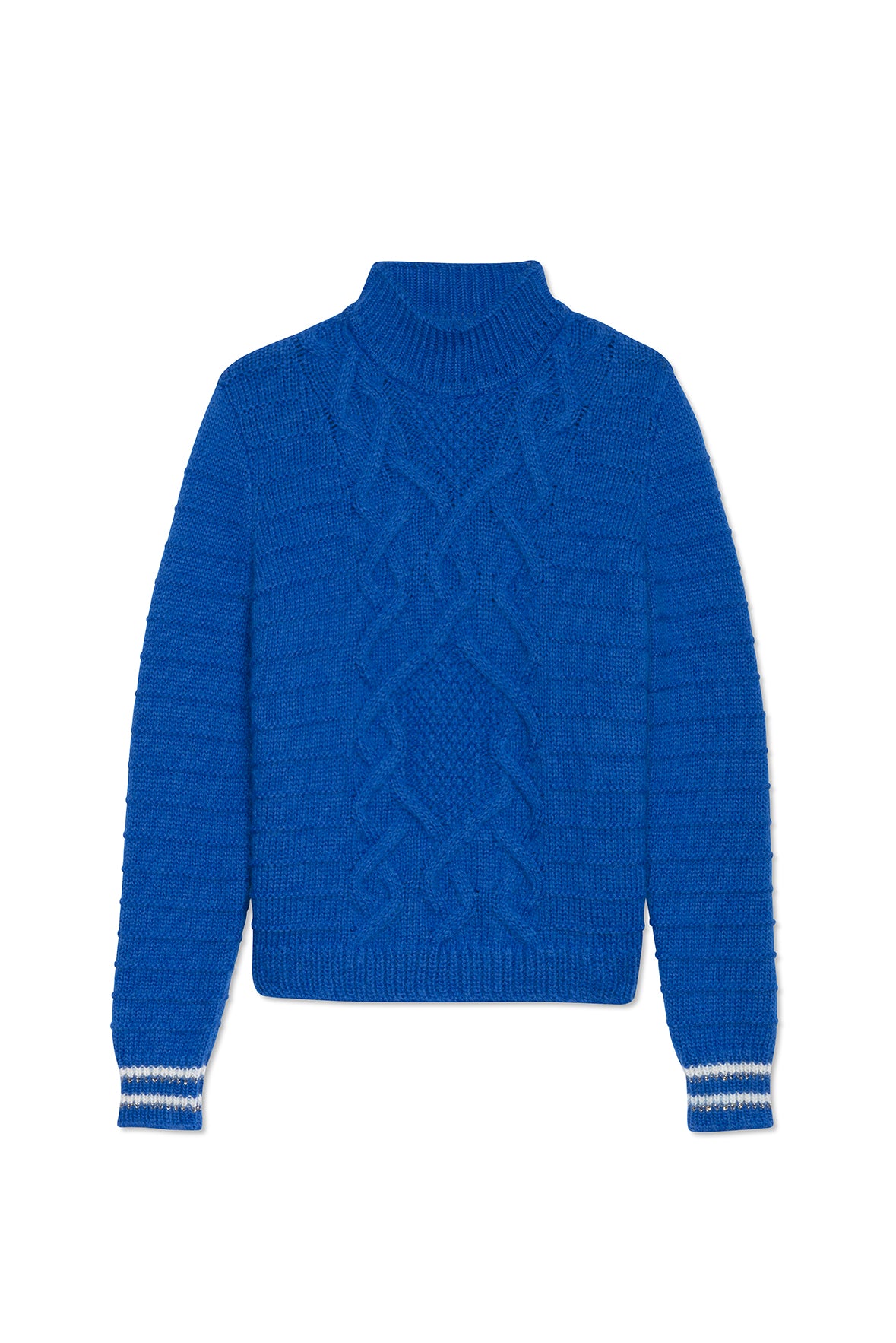 ALPES Women's Mock Neck Cable Knit Sweater - Soft Mohair Blend Pullover in Royal Blue | Cozy Winter Fashion for Office & Casual Outfits
