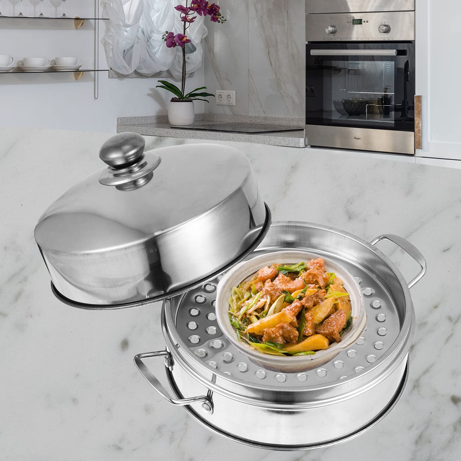 Hemoton Stainless Steel Steamer Basket Set - 3-Piece Metal Rice Cooker Steamer for Dim Sum, Seafood, Fish & Vegetables | Non-Magnetic, BPA-Free | Perfect for Asian Cooking, Baby Food & Healthy Meal Prep
