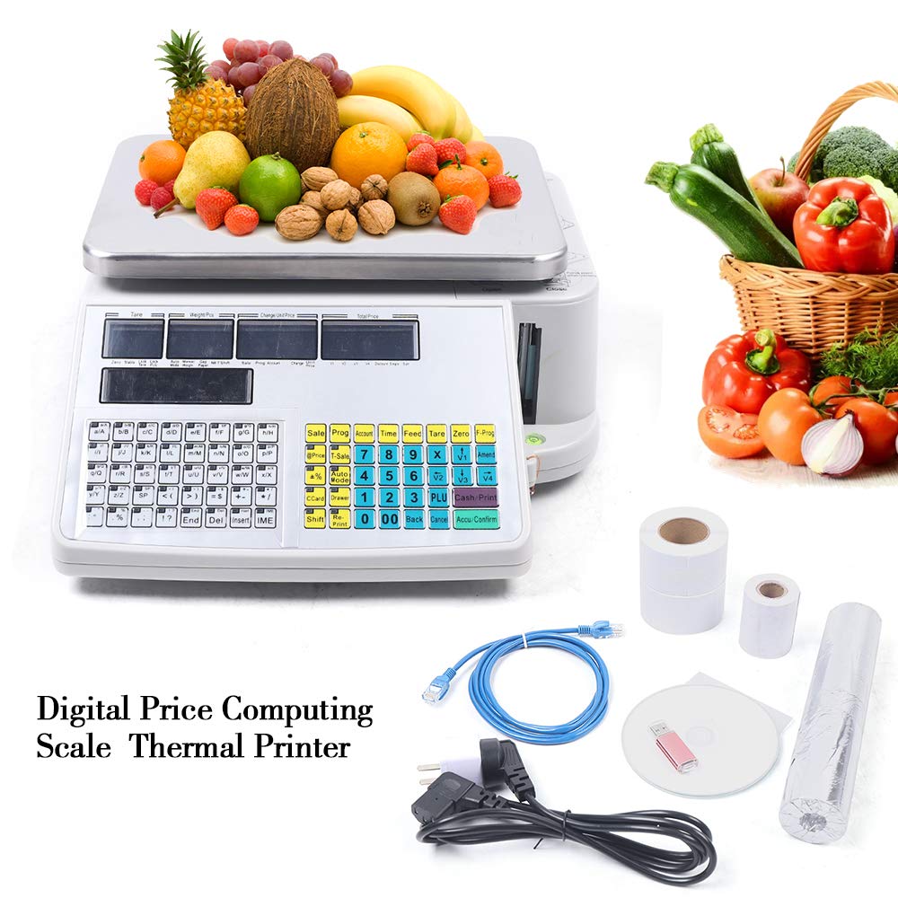 66LB 30KG Digital Price Computing Scale with Printer - Portable Commercial Food Scale for Meat, Kitchen, Deli, Supermarket & Retail Stores - Accurate Weighing Solution for Groceries, Butcher Shops & Farmers Markets (US Stock)