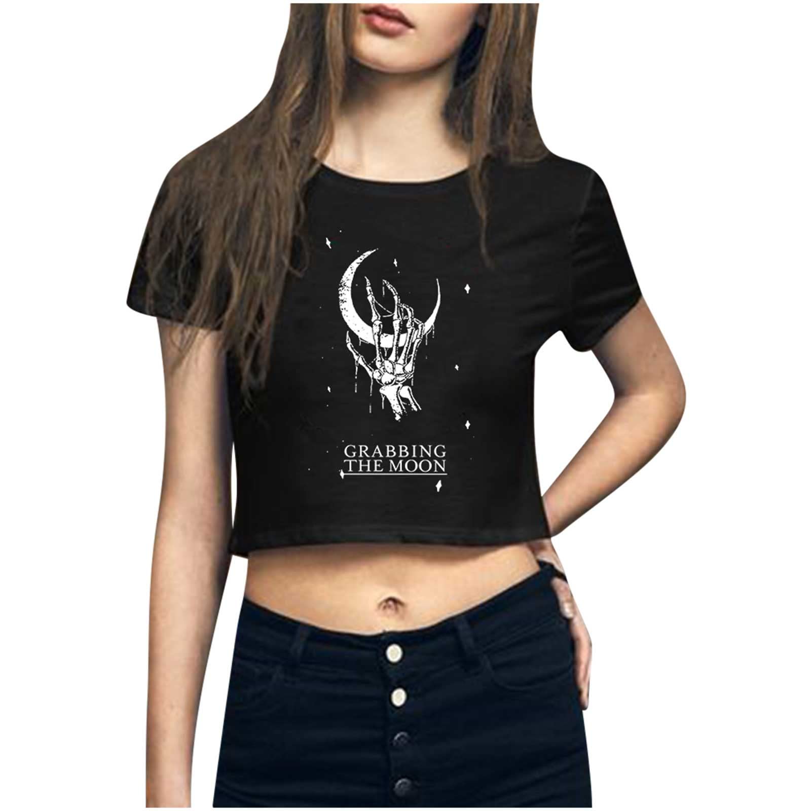 Women's Short Sleeve Crop Top T-Shirt - Moon Print Casual Basic Tee for Everyday Wear, Street Style & Summer Outfits | Black