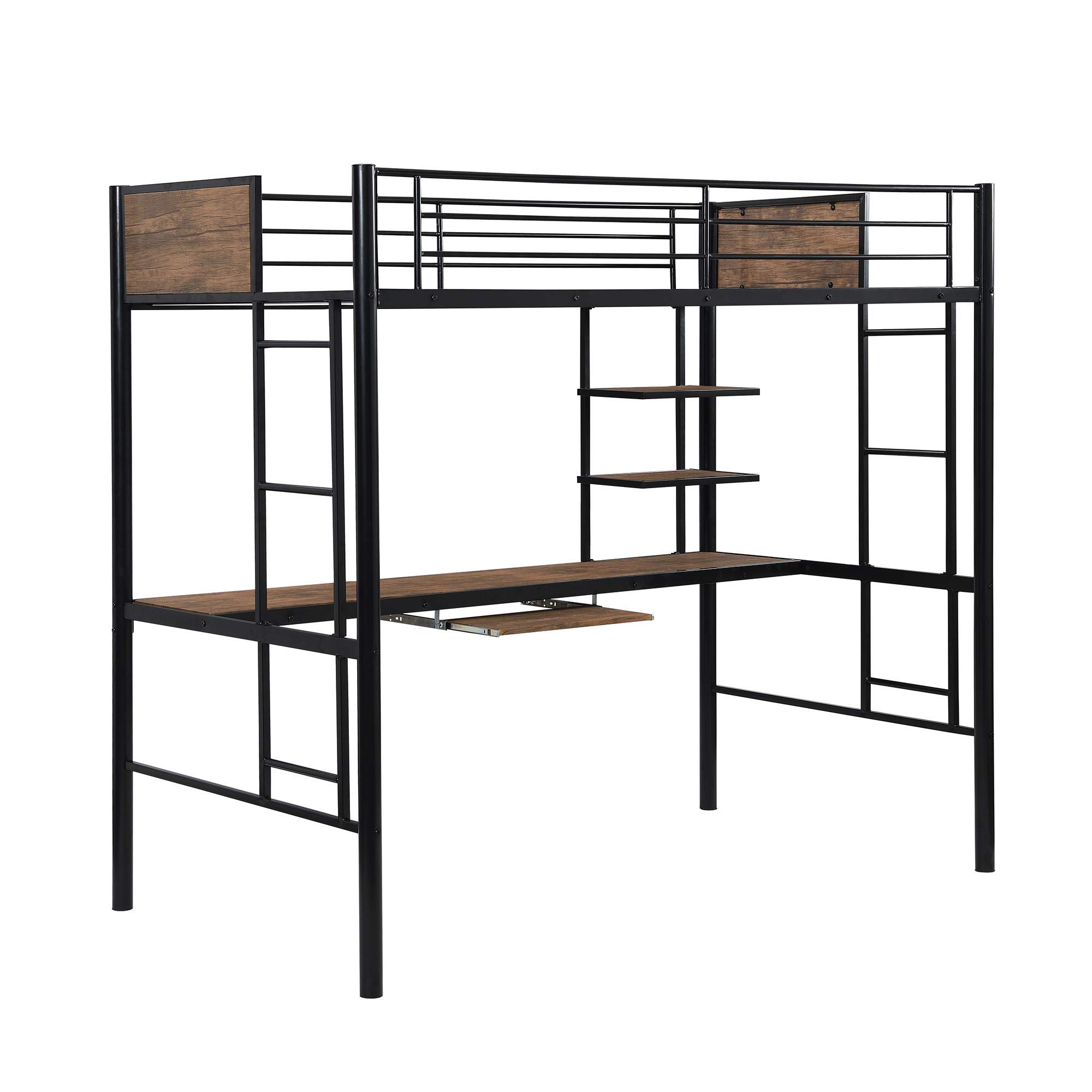 Twin Size Metal Bunk Bed Frame with Bilateral Ladders, Safety Guardrails, Built-in Desk & Bookcase - Space-Saving Loft Bed with Keyboard Tray for Kids & Teens | Perfect for Small Bedrooms, Dorms & Shared Kids' Rooms