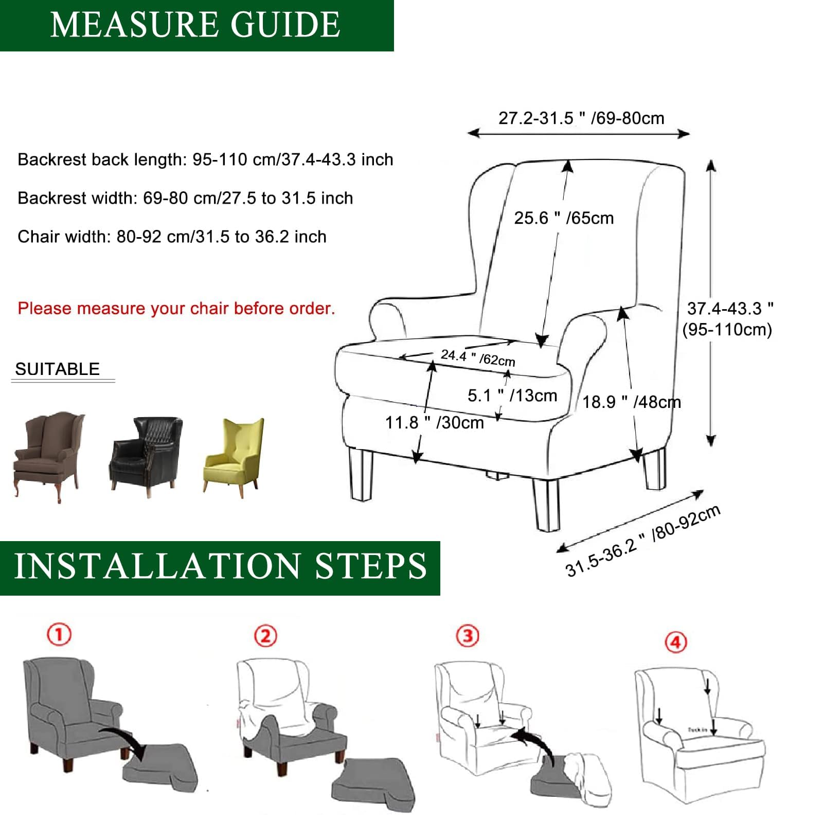 CRFATOP 2-Piece Stretch Wingback Chair Cover Set - Printed Spandex Slipcover with Elastic Bottom for Living Room, Bedroom - Fits Most Wingback Armchairs (06) - Perfect for Home Decor, Furniture Protection & Style Upgrade