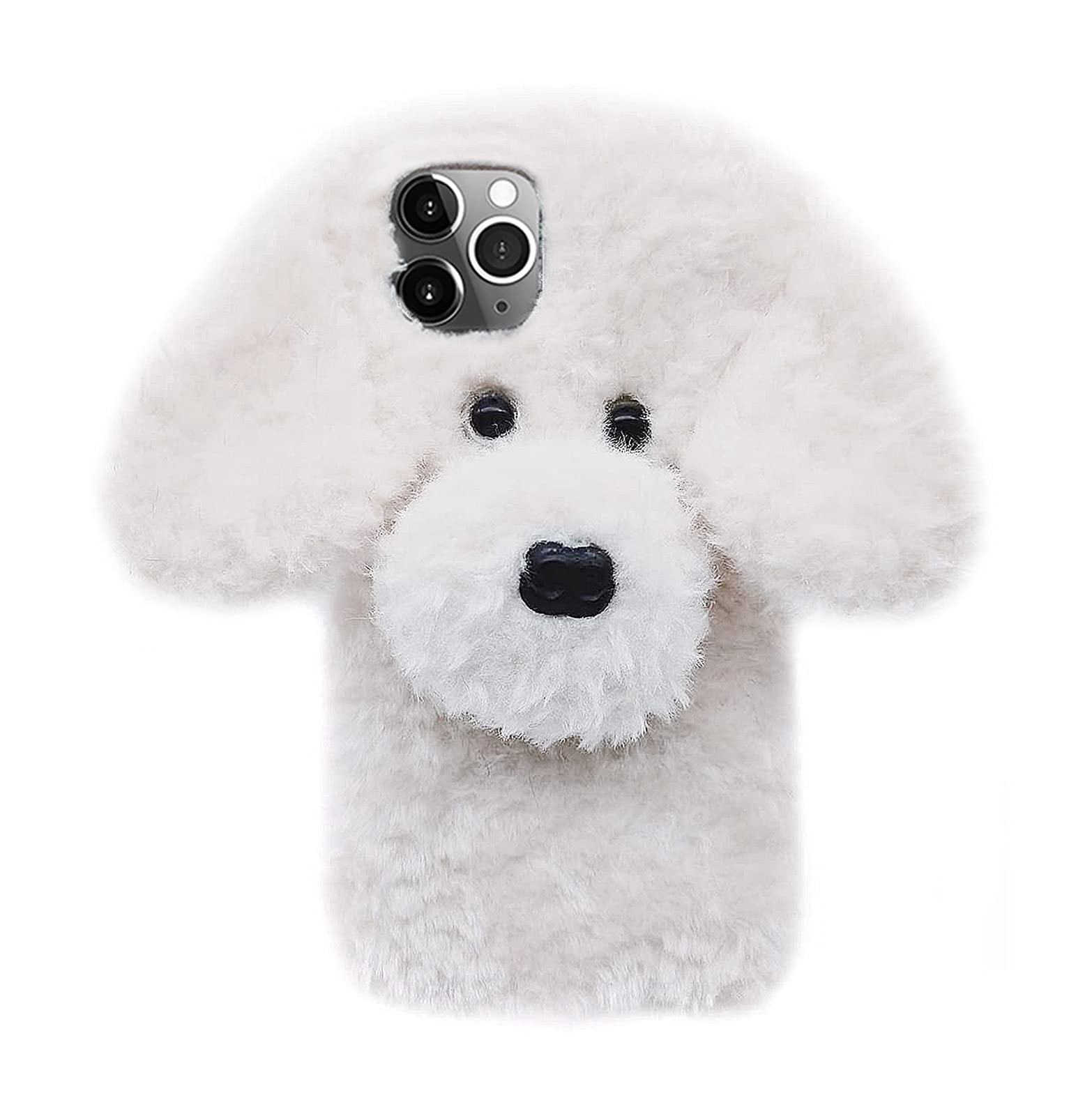 UnnFiko Fluffy Teddy Bear Dog Phone Case for iPhone 11 Pro Max - Soft Plush Fuzzy Warm Winter Protective Cover with TPU Bumper (Teddy White) - Perfect for Cold Weather, Gift Giving & Pet Lovers