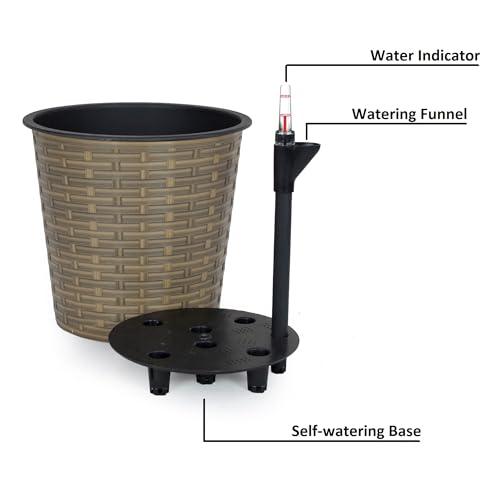 Catleza 13.4 Inch Self-Watering Wicker Planter - Round Natural Rattan Flower Pot for Indoor & Outdoor Plants | Perfect for Home Decor, Patio, Garden, and Office Spaces