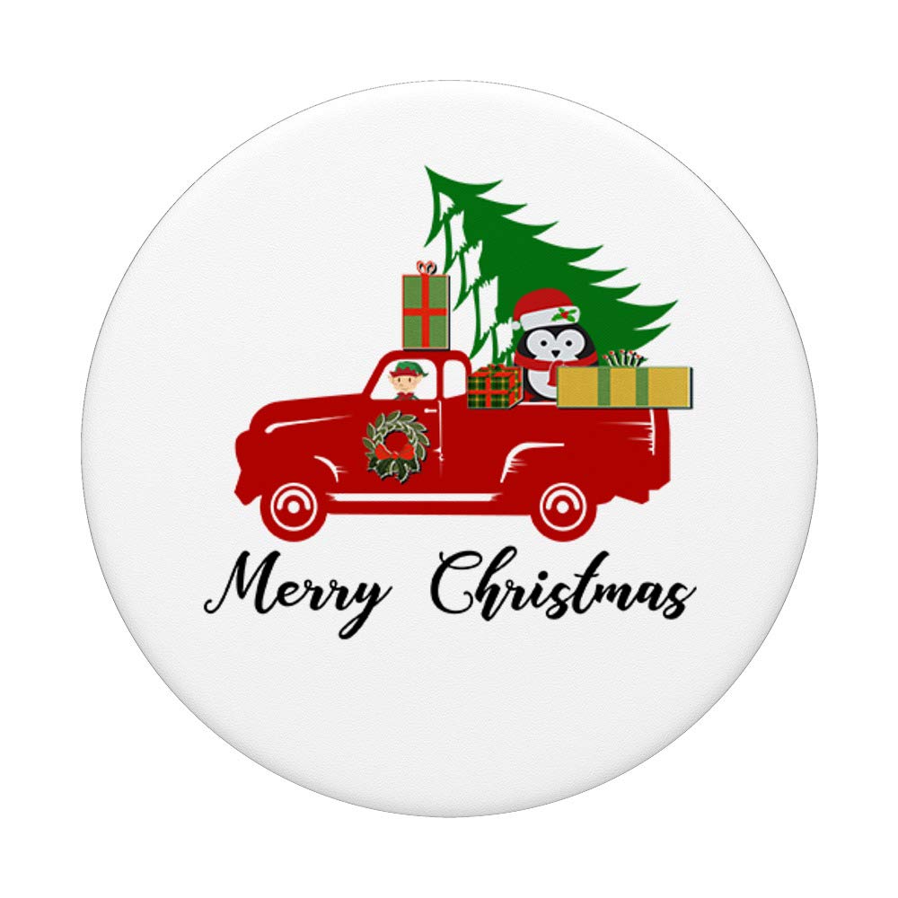 Christmas Penguin Elf Tree & Gifts on Red Truck - Festive Holiday Decor for Home, Office & Christmas Village Displays
