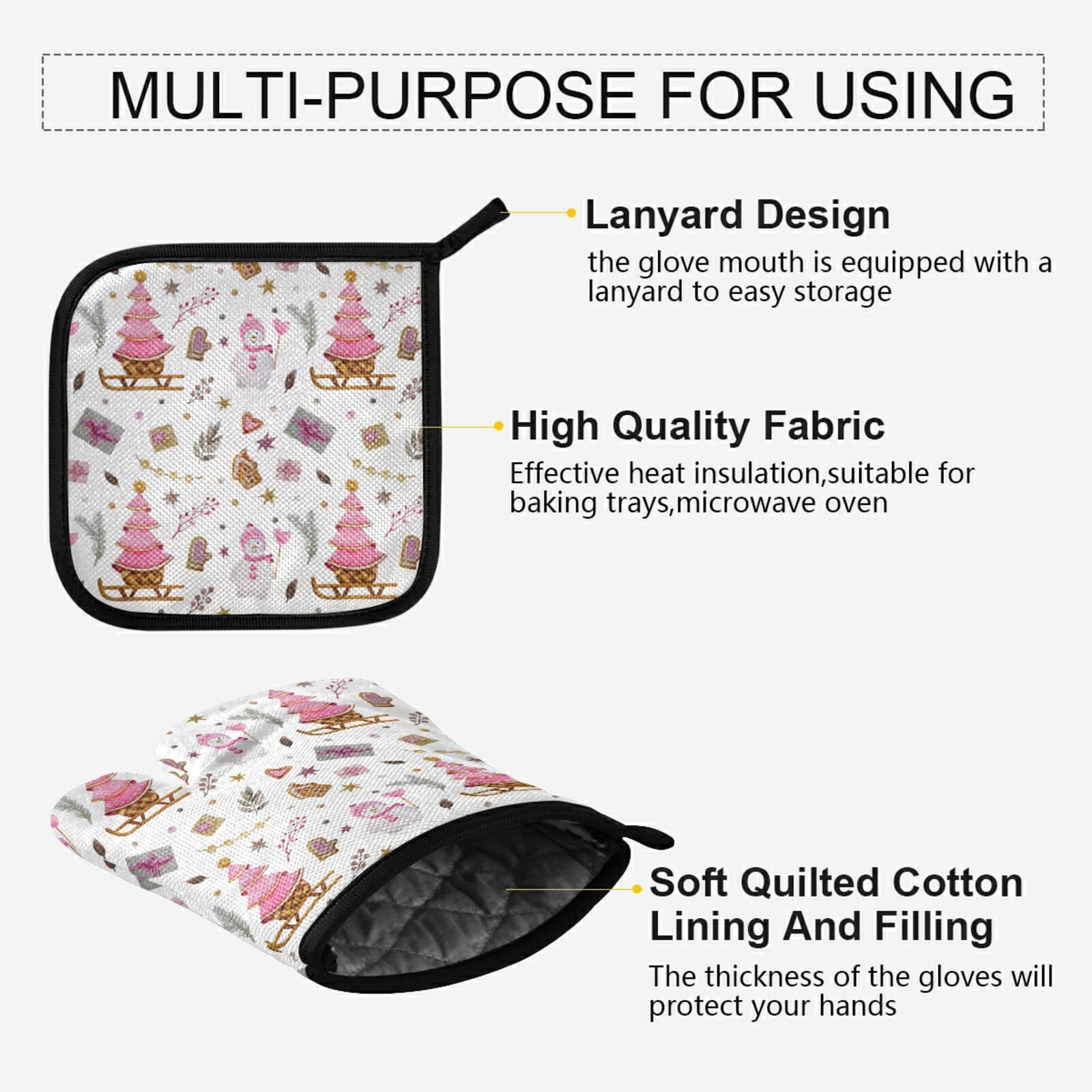 QUGRL Pink Christmas Tree Oven Mitts & Pot Holders Set - Snowman Pattern Heat Resistant Kitchen Gloves for Baking, Cooking & BBQ - Perfect Holiday Gift for Home Chefs