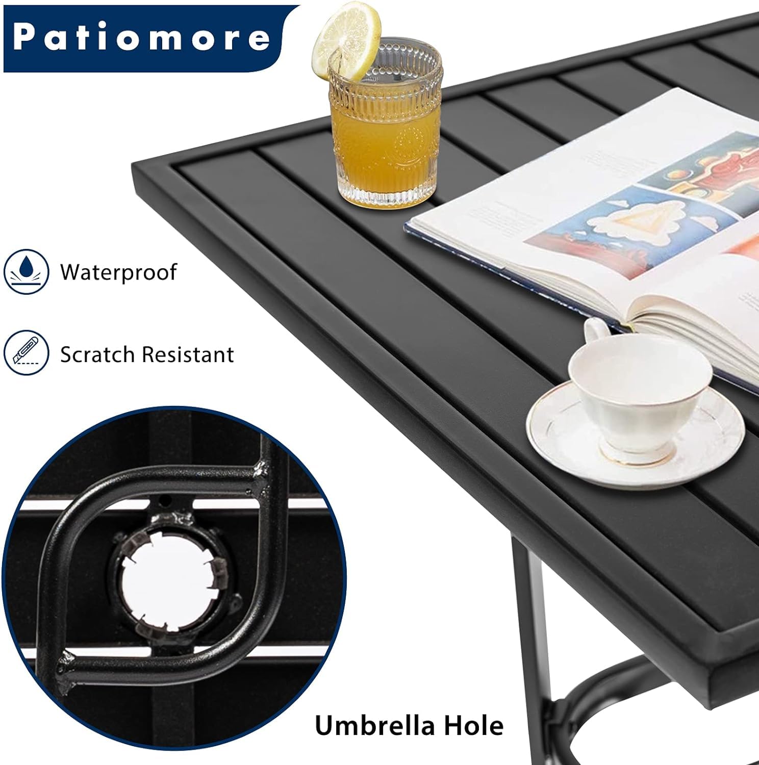 Black Metal Frame Outdoor Bar Table with Umbrella Hole - Patio Bistro Height Dining Table for Backyard, Deck & Poolside Gatherings
