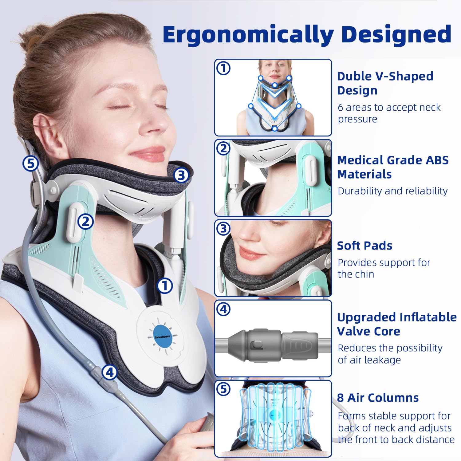 Twinklepoch Adjustable Cervical Neck Traction Device - 3 Power Levels for Neck Pain Relief, Manual Air Pump, Home Physical Therapy - Perfect for Office Workers, Seniors & Post-Surgery Recovery (Blue)
