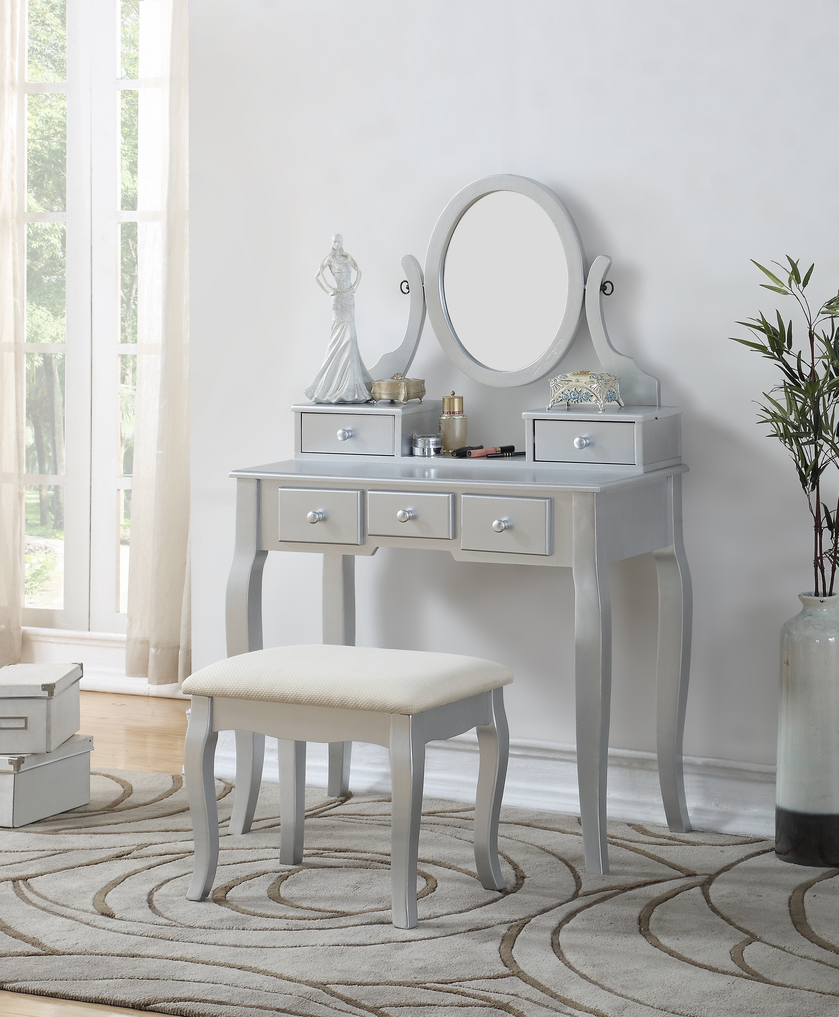Ashley Silver Wood Makeup Vanity Table with Stool Set - Modern Dressing Table with Mirror for Bedroom, Bathroom & Salon | Roundhill Furniture