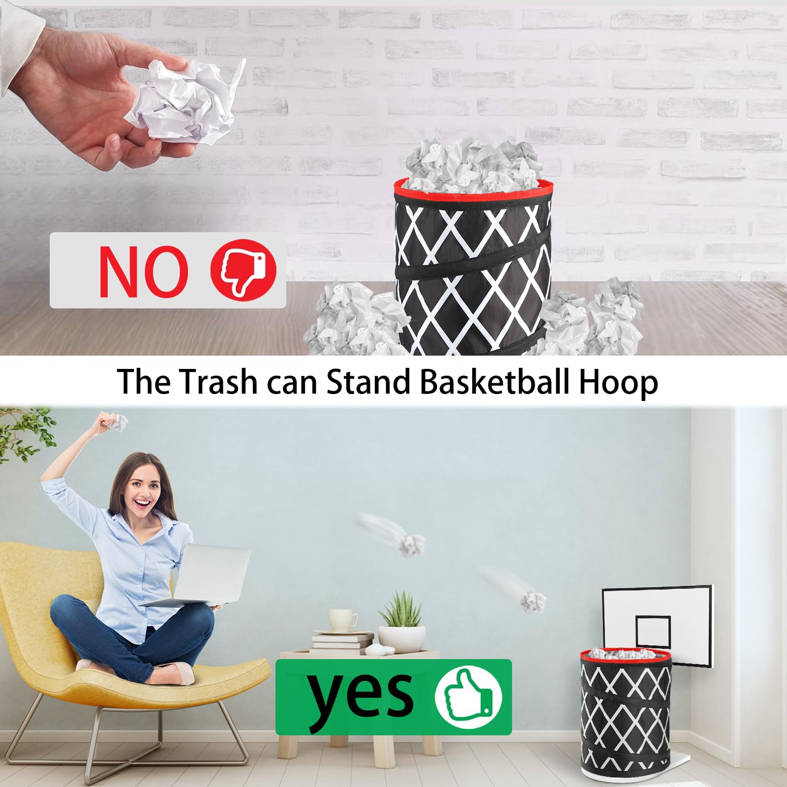 Basketball Trash Can Hoop - Mini Indoor Basketball Waste Bin with Wood Backboard (9.8