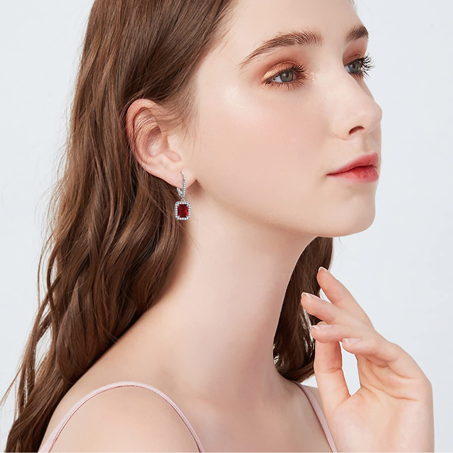 S925 Sterling Silver Birthstone Dangle Earrings - 18K White Gold Plated 9x7mm Created Emerald Leverback Earrings for Women, Ladies & Mom | Perfect Gift for Birthday, Anniversary & Special Occasions