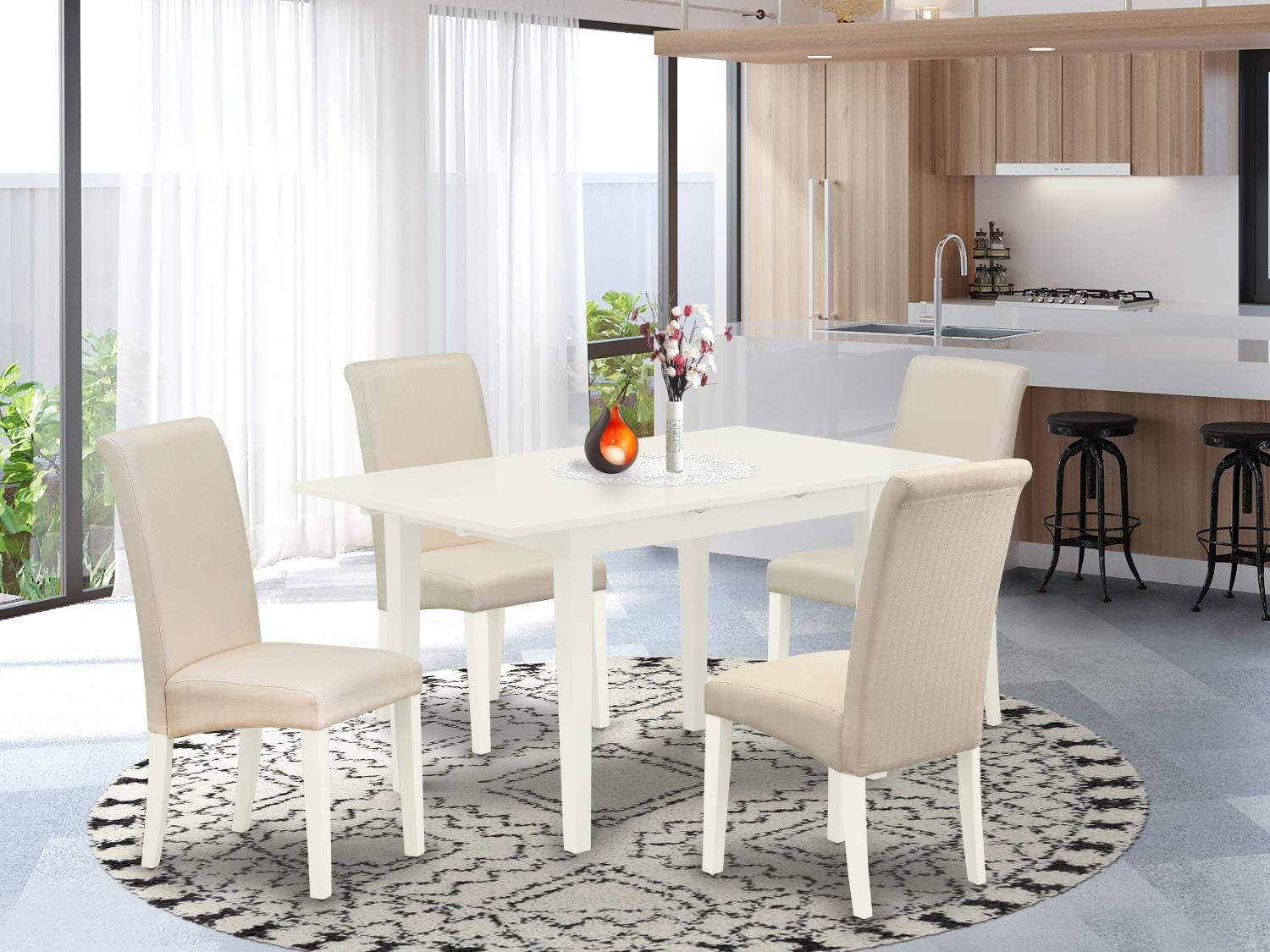 East West Furniture 5-Piece Dining Table Set with Butterfly Leaf & 4 Cream Linen Chairs, 32x54 Inch, Linen White - Perfect for Small Kitchen, Breakfast Nook, and Apartment Dining Areas