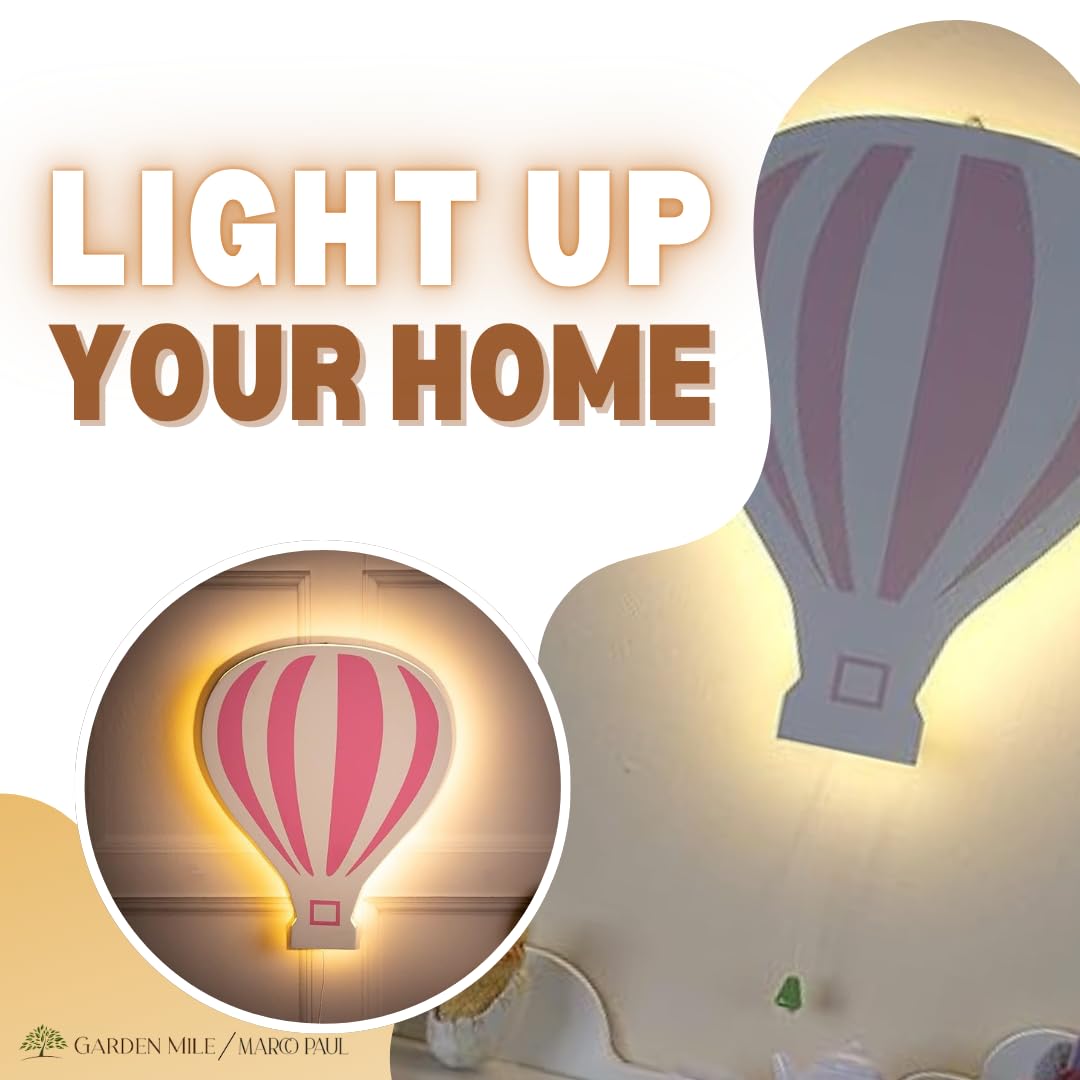 Marco Paul Modern Wooden White LED Night Light - Battery Powered Wall Mounted Nursery Lamp for Kids Room, Baby Gifts & Bedroom Decor - Perfect for Night Feedings, Bedside Lighting & Nursery Wall Decor (Pink Hot Air Balloon)