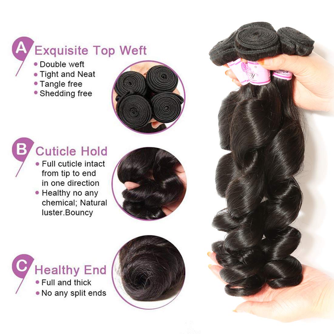 Beauty Forever 100% Unprocessed Brazilian Virgin Hair Extensions - Loose Wave Weft 3 Bundles (20 22 24 Inch) | 95-100g/pc | Natural Color Remy Human Hair | Perfect for Daily Styling, Special Occasions & Salon Use