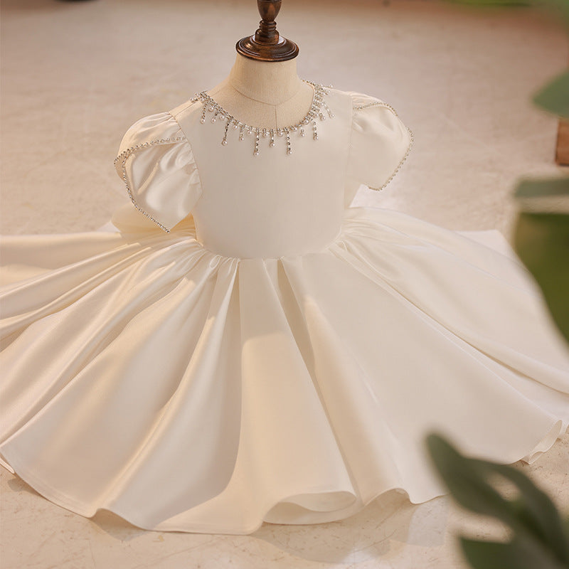 Elegant Satin Flower Girl Dress with Ruffles and Beading - Perfect for Weddings, Baptisms & Special Occasions