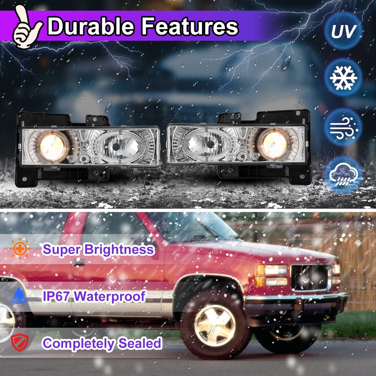 Nixon Offroad Headlights for Chevy Suburban Tahoe Blazer Yukon 1992-2000 - DRL High Low Beam Replacement for Off-Roading & Night Driving