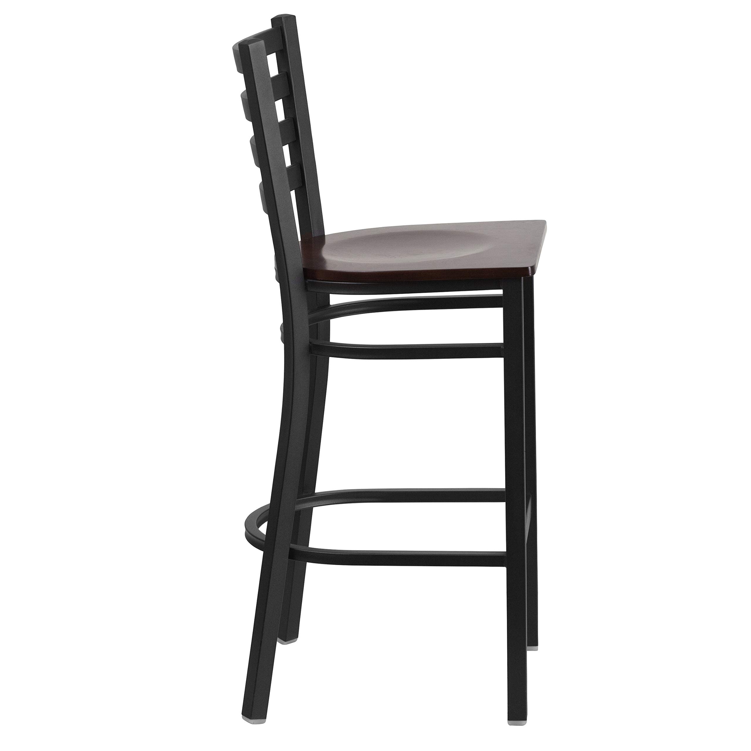 Black Metal Bar Stool with Walnut Wood Seat - Adjustable Height Ladder Back Design for Kitchen Counter, Restaurant & Home Bar - Heavy Duty Commercial Use