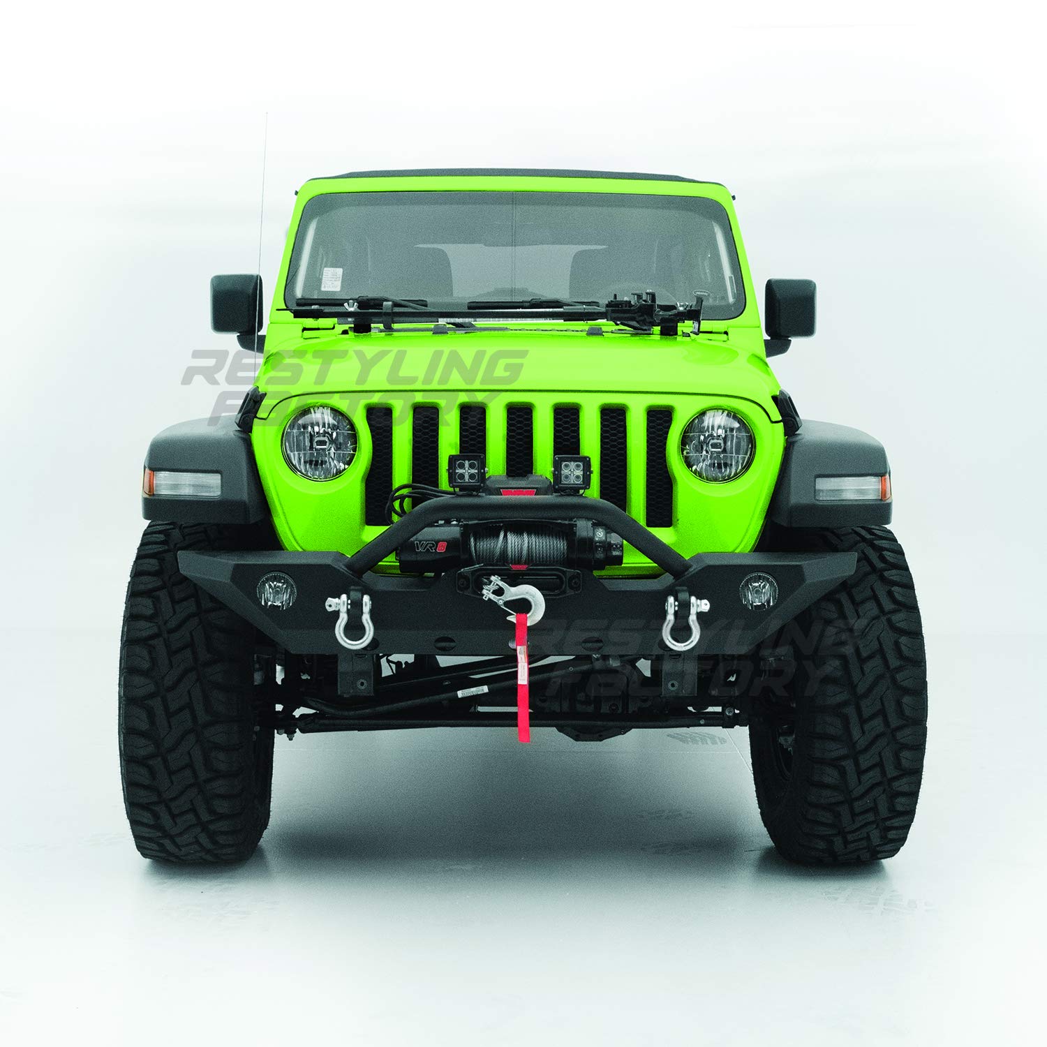 Black Textured Front Bumper with Fog Light Holes, 2 D-Ring Shackles & Winch Plate Compatible with 2018-2021 Jeep Wrangler JL - Heavy Duty Off-Road Protection for Trail Riding & Rock Crawling