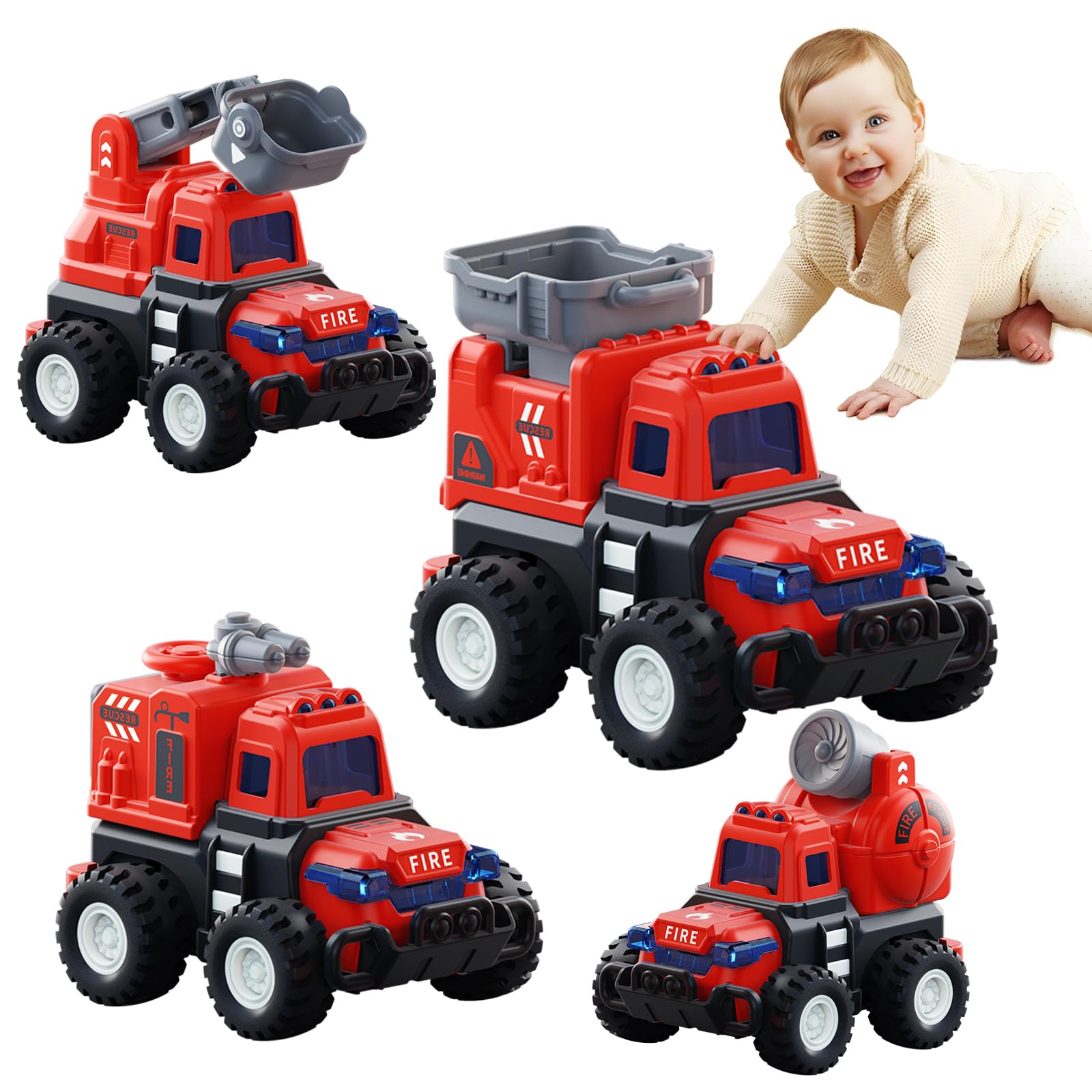 **4-Pack Fire Truck Toy Cars for Toddlers Ages 1-3 | Press N Go & Pull Back Emergency Vehicles for Boys & Girls | Sandbox, Construction Play & Birthday Gifts for 1-3 Year Olds**