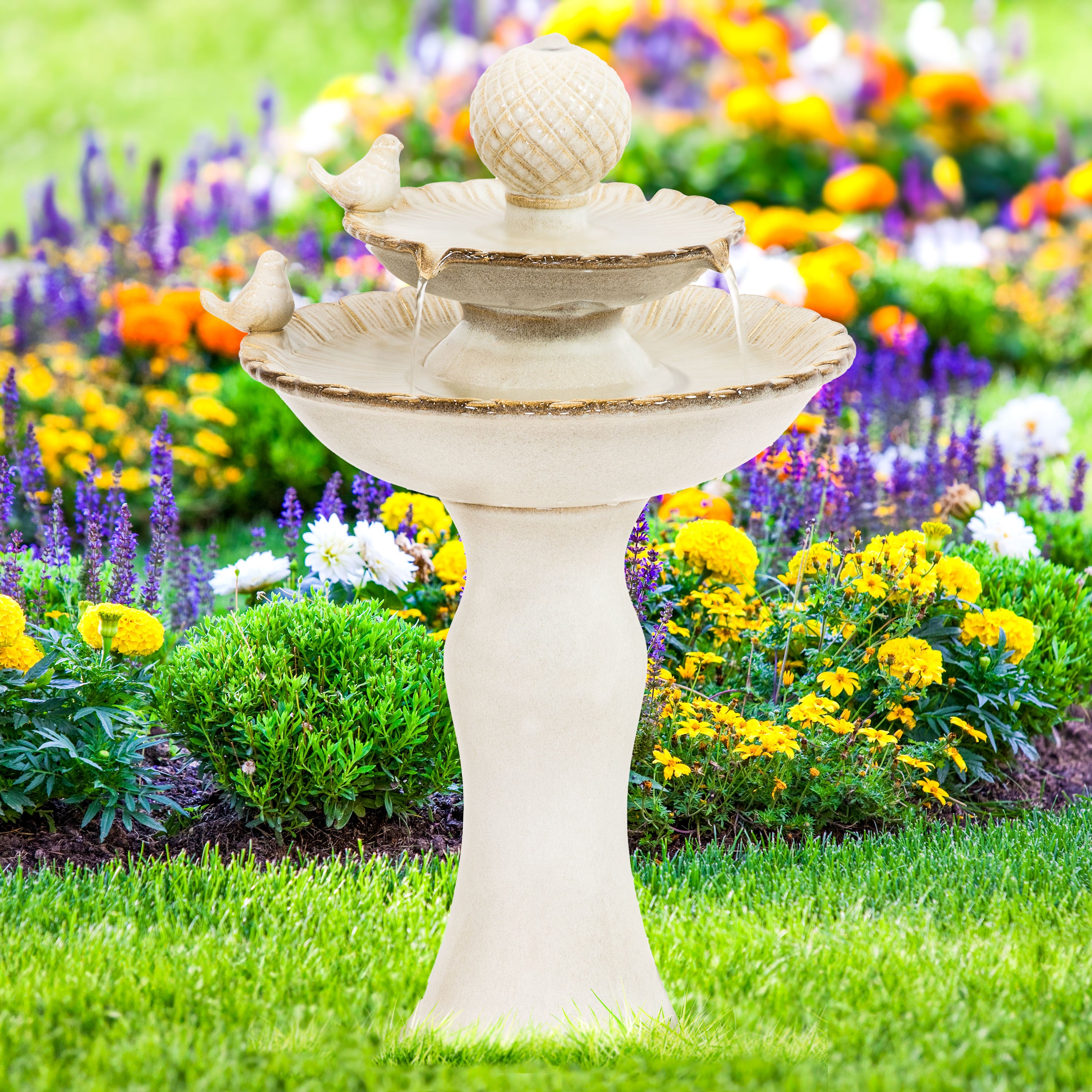 Sunnydaze 2-Tier Ceramic Outdoor Water Fountain with Resting Birds - 27 Inch Garden Decor for Patio, Yard & Backyard - Relaxing Water Feature for Outdoor Spaces