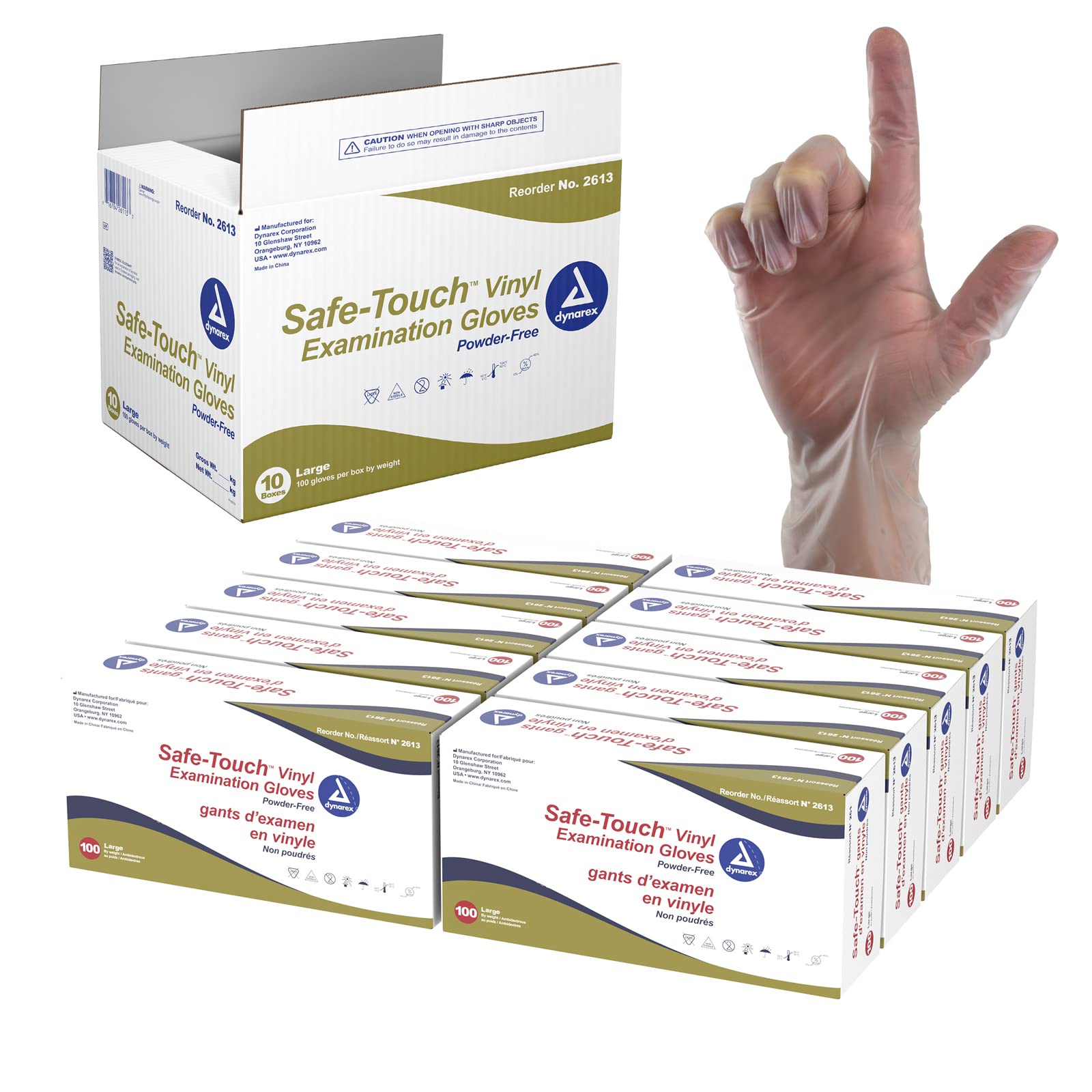 Dynarex Safe-Touch Powder-Free Vinyl Disposable Exam Gloves - Medium, Clear, Ambidextrous (Case of 10 Boxes x 100 Gloves) | Food Safe, Medical & Dental Use, Home Cleaning, Food Handling, Tattoo & Salon Services