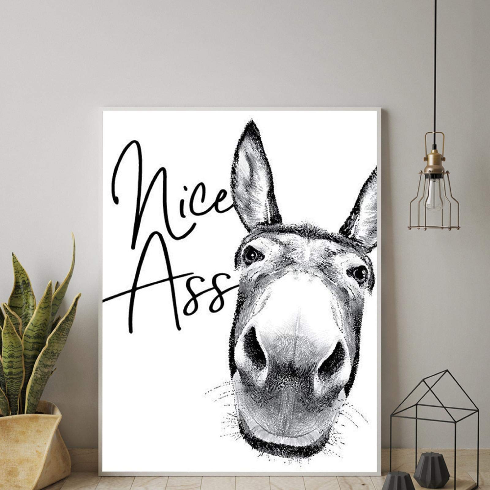 Funny Donkey Wall Art - Vintage 'Nice Ass' Quote Canvas Print for Bathroom & Toilet Decor | 24x43 Inch Framed Black & White Painting | Perfect for Farmhouse, Western or Humorous Home Decoration