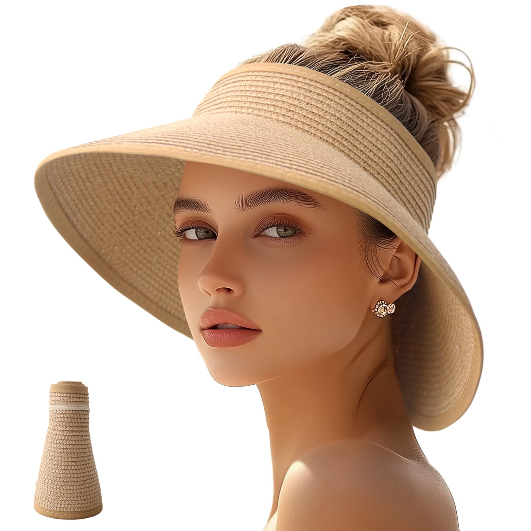 Women's Wide Brim Straw Sun Hat - Foldable Roll Up UV Protection Beach Visor with Ponytail Hole - Perfect for Summer, Travel, and Outdoor Activities