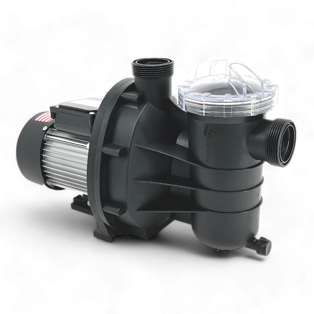 FibroPool 1HP Swimming Pool Pump for Above Ground Pools - High Efficiency 1 Horsepower Single Speed Motor with Clear Top Lid | Designed & Assembled in USA | Includes Hose Adapters | Perfect for Backyard Pool Maintenance & Water Circulation (Model ABG100)