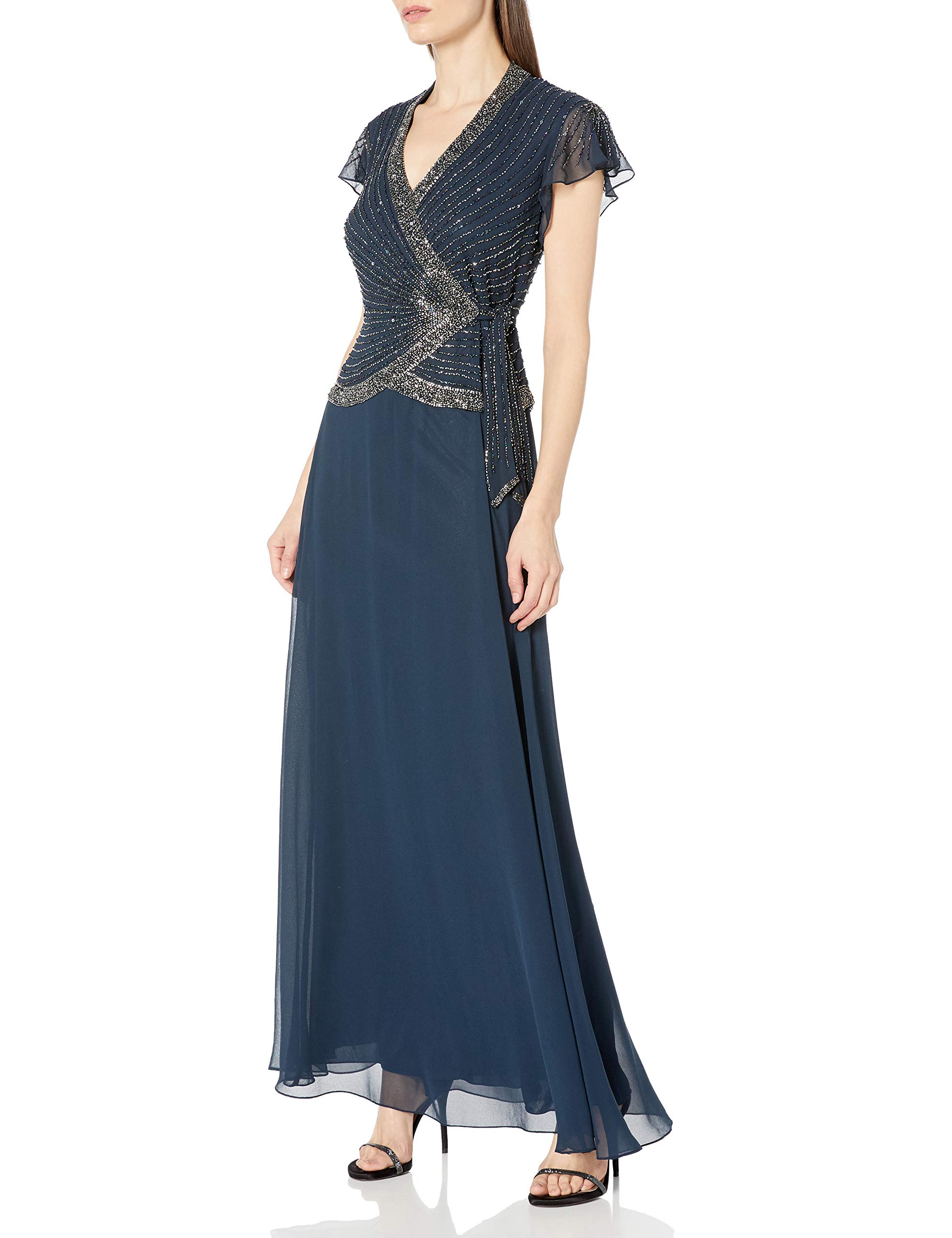 J Kara Women's Faux Wrap Long Dress with Flutter Sleeves - Elegant Plus Size Midi Dress for Wedding Guest, Party & Special Occasions