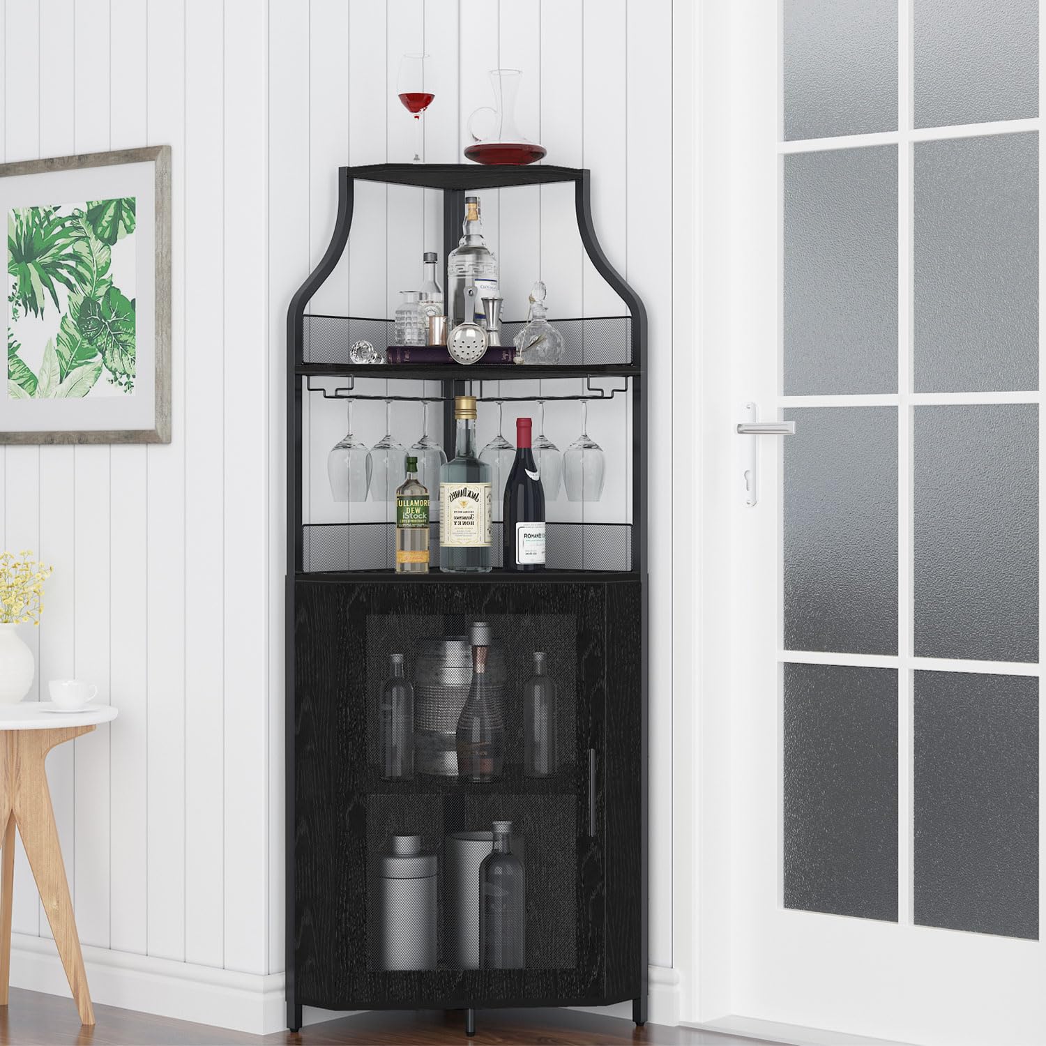 GAOMON 4-Tier Corner Wine Bar Cabinet - Large Storage Space with Removable Wine Rack, Coffee Bar Cabinet with Glass Holder & Mesh Door - Perfect for Home Bar, Kitchen, Dining Room & Entertainment Areas - Black
