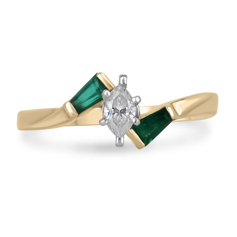 0.55tcw 14K Gold Marquise Cut Diamond & Emerald Synthetic Gemstone 3 Stone Stacking Ring for Women - Elegant Wedding, Anniversary, Party Jewelry Gift