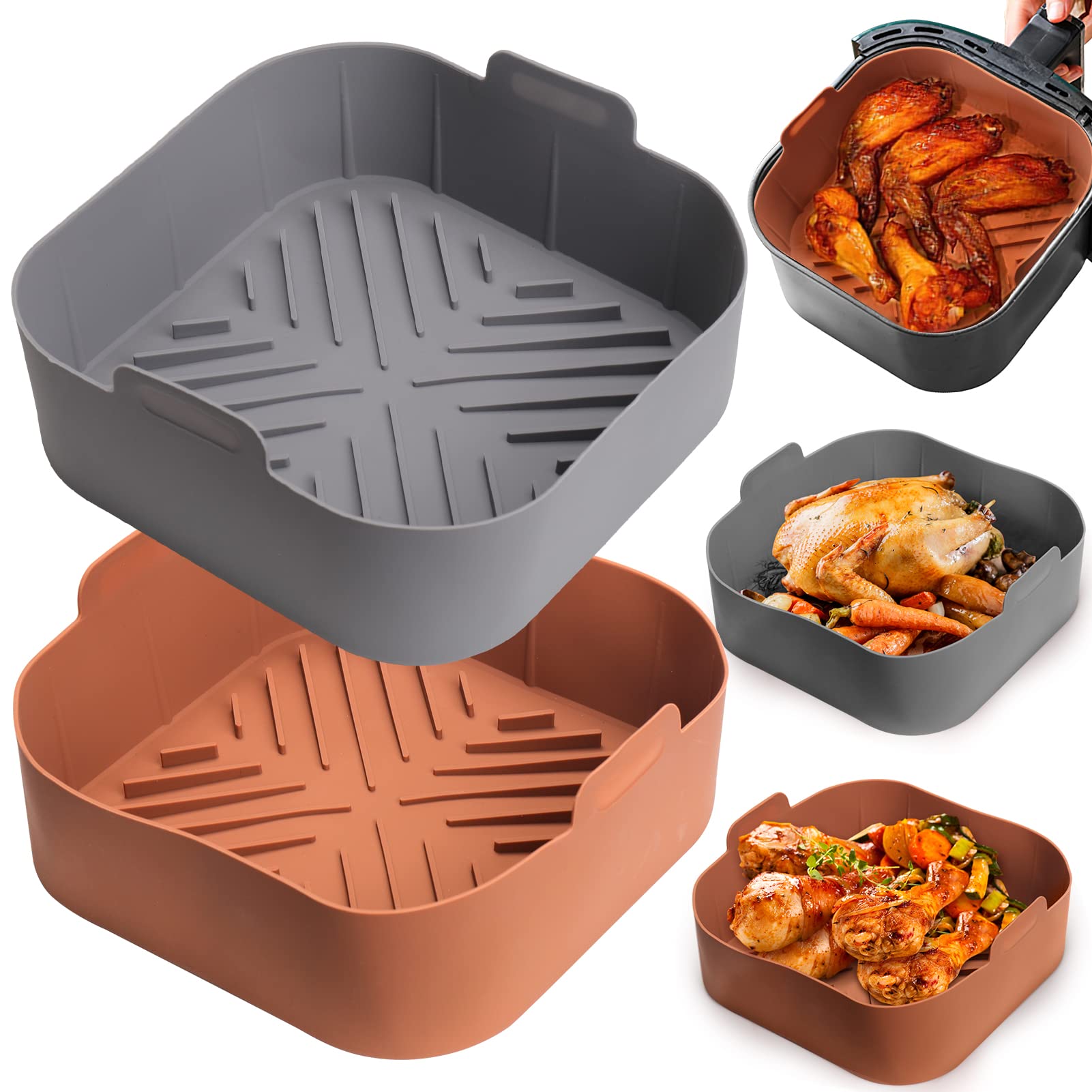 Non-Toxic Silicone Air Fryer Basket Liners Square - 2 Pack Reusable Air Fryer Accessories (8.5 Inch) for Healthy Cooking | Perfect for Philips, Ninja, Cosori & More Air Fryers | Easy Clean & Oil-Free Frying for Chicken Wings, French Fries & Vegetables