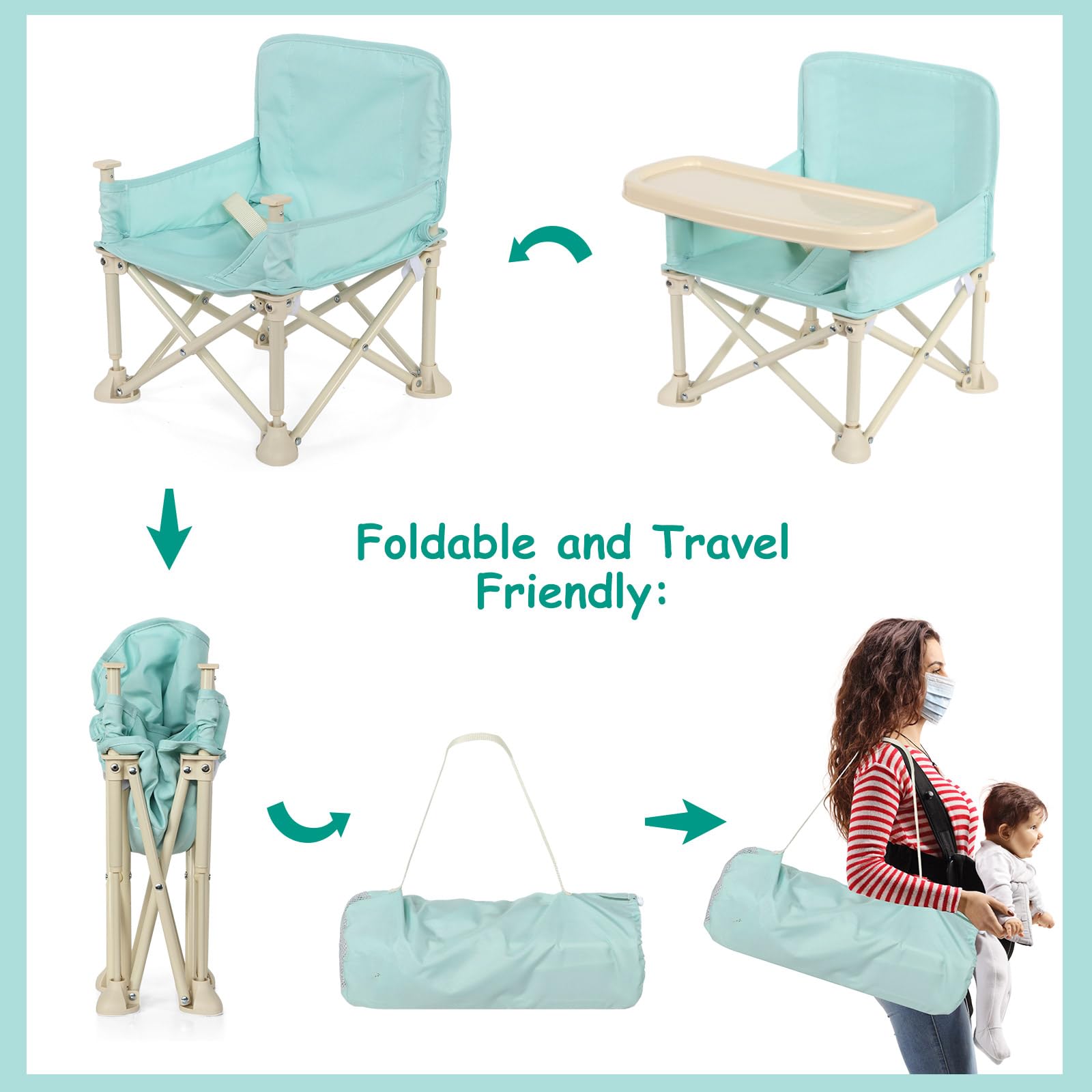 Suzile Portable Baby Beach Chair with Umbrella - Foldable Travel Booster Seat with Tray & Storage Bag - Lightweight Outdoor High Chair for Dining, Camping, Picnics & Beach Trips