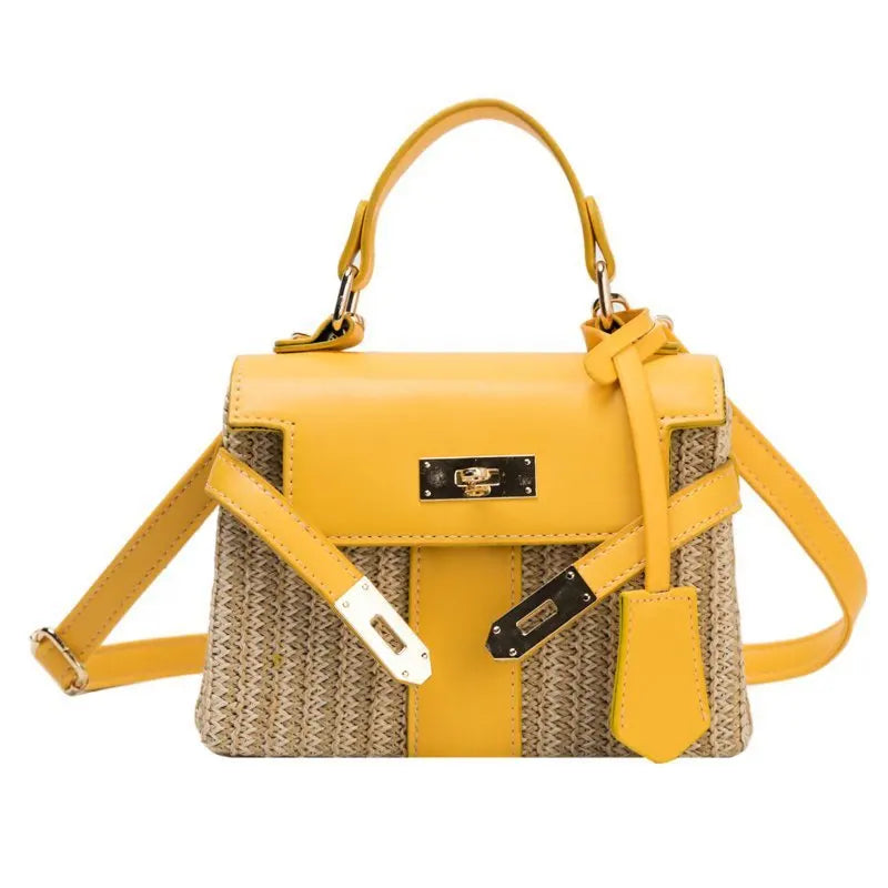 Stylish Woven Straw Handbag for Women - Designer Wicker Crossbody Shoulder Bag with Chic Lock, PU Trim - Perfect for Summer Beach, Vacation & Outdoor Activities