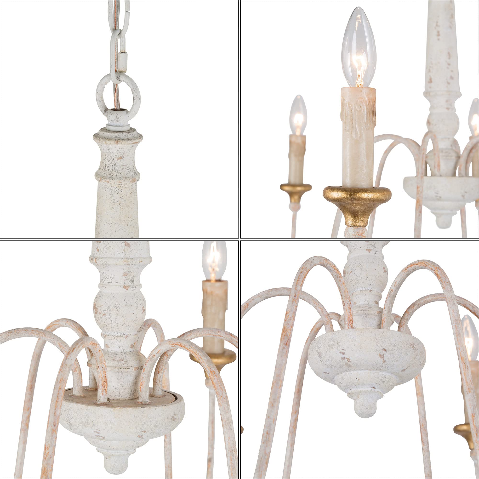 Farmhouse Chandelier - 6-Light French Country Wood Ceiling Light Fixture in Distressed White Finish, 30.5” Diameter x 25.5” Height - Perfect for Dining Room, Living Room, Kitchen Island or Entryway Lighting