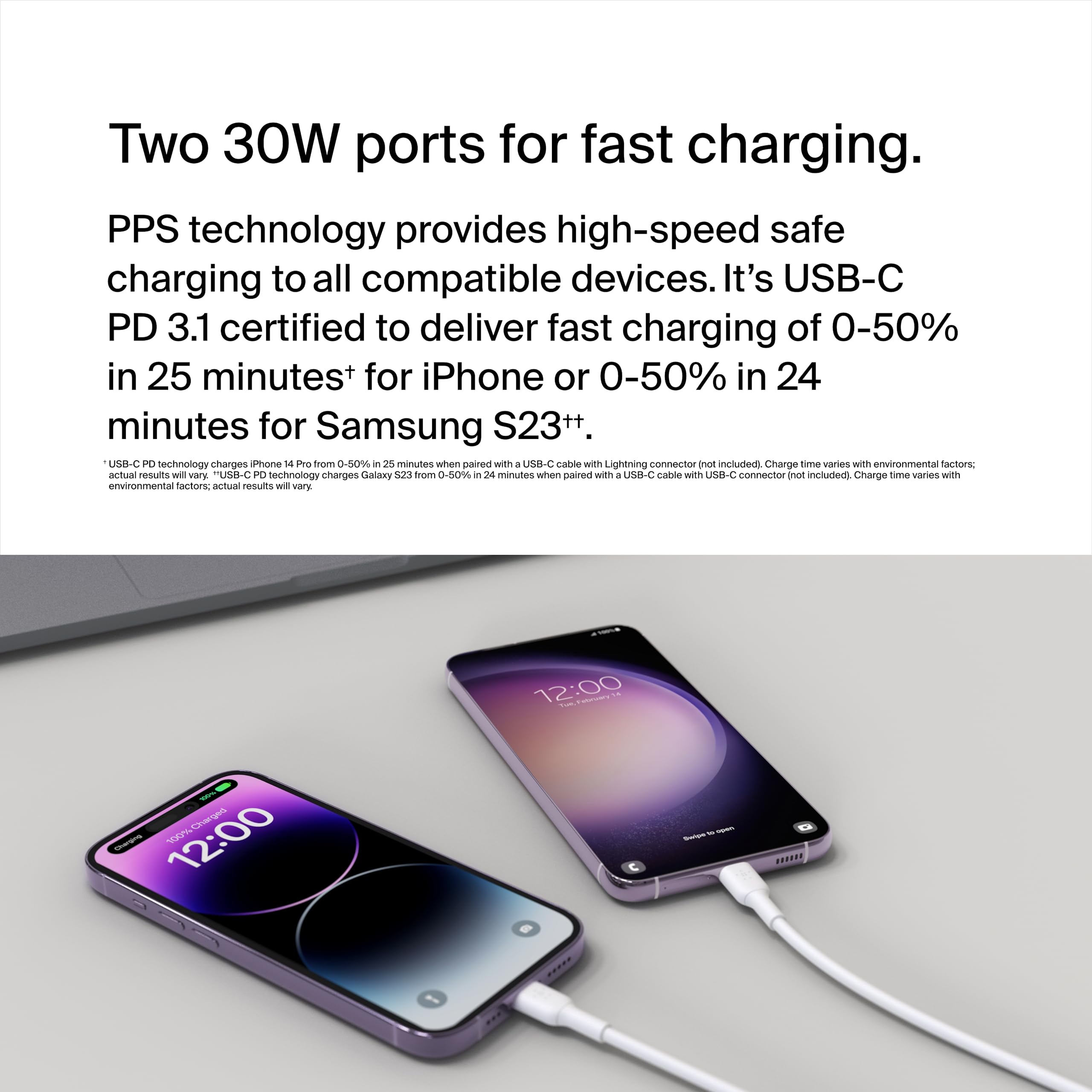 Belkin BoostCharge 60W Dual USB-C Wall Charger with PPS - Fast Charging for iPhone 16, iPad, Samsung Galaxy S25, Google Pixel - Includes USB-C to Lightning & USB-C to USB-C Cables - Perfect for Home, Office & Travel - White