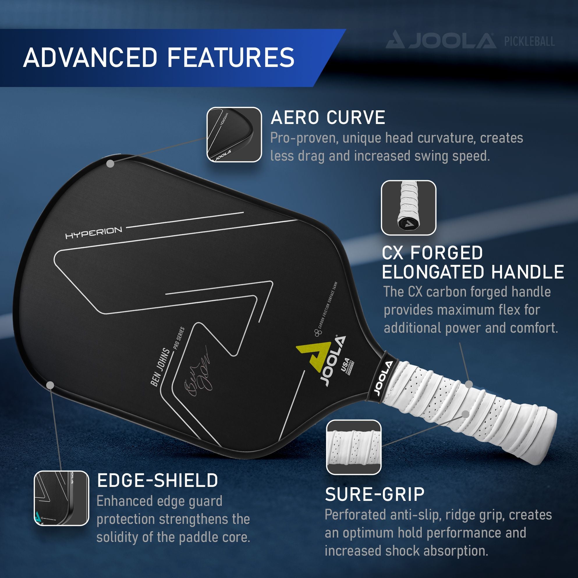JOOLA Ben Johns Hyperion CFS Pickleball Paddle - Carbon Fiber Surface for Power & Control - Perfect for Competitive Play & Tournaments