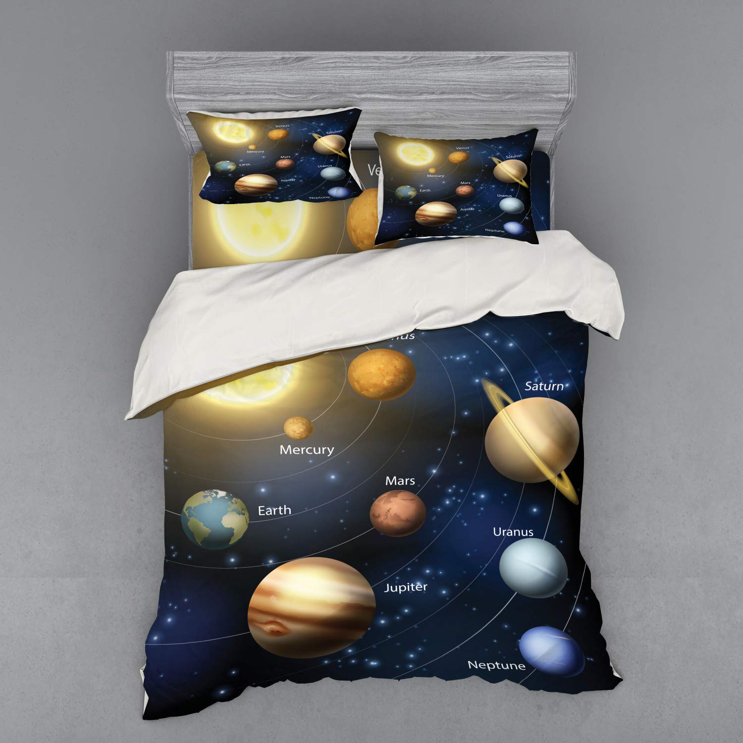 Ambesonne Solar System Duvet Cover Set - Queen Size 3-Piece Bedding with Sham & Fitted Sheet | Realistic Astronomy Space Design with Sun & Planets | Perfect for Space-Themed Bedrooms, Kids Rooms & Science Lovers