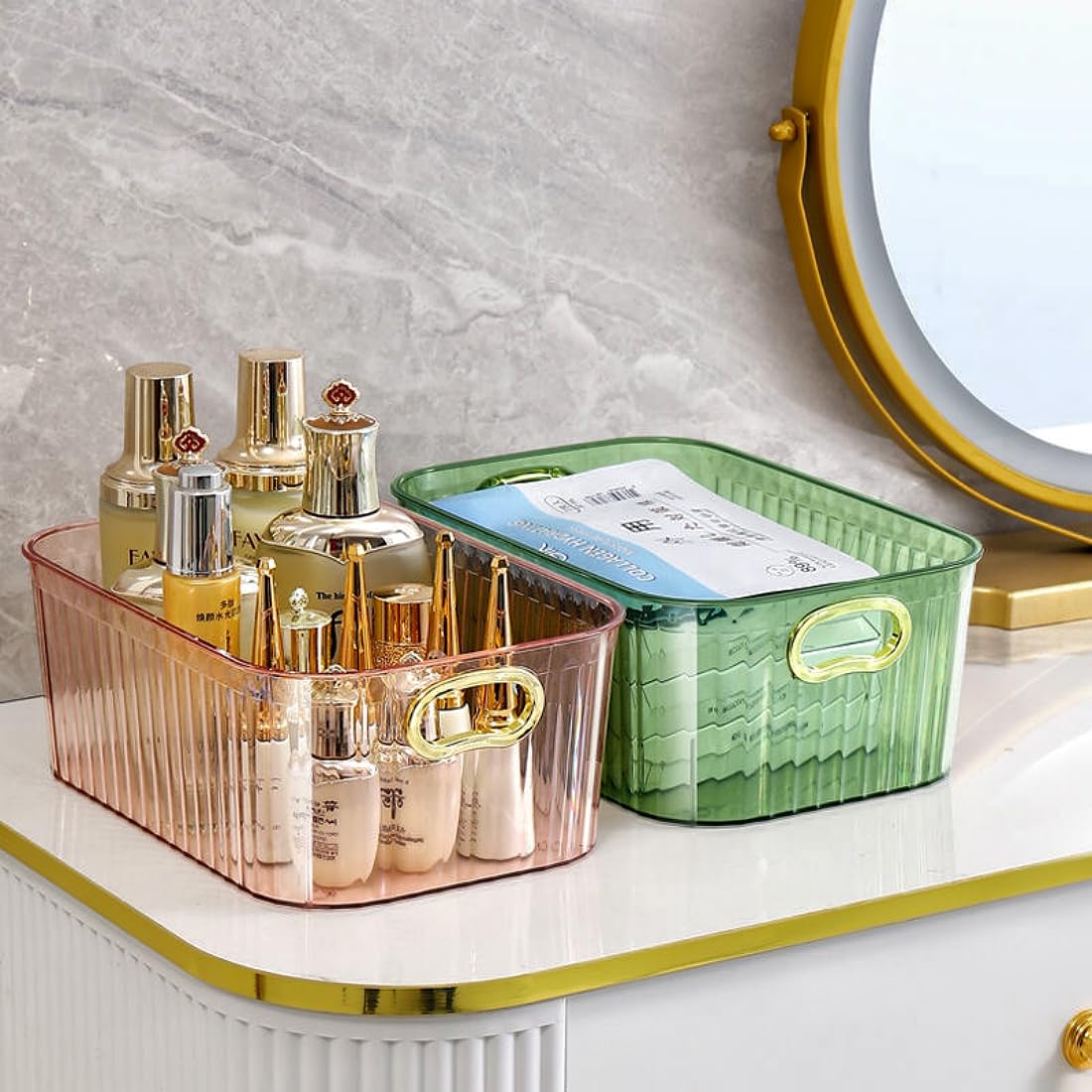 Pink Makeup Organizer & Skincare Organizer Set - Large & Medium Countertop Storage for Cosmetics, Brushes, Beauty Products - Perfect for Vanity, Bathroom, Dressing Table Organization