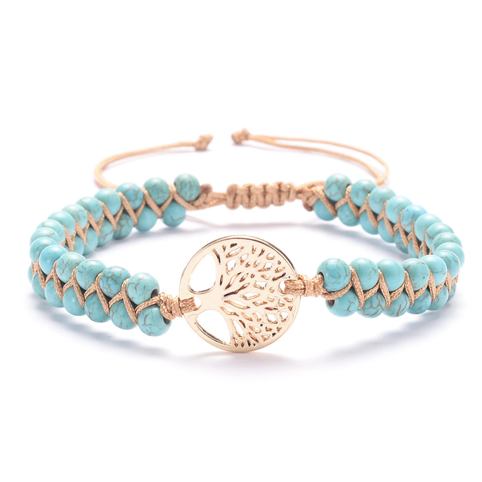 Natural Stone Beaded Tree of Life Bracelet - Adjustable Braided Rope Chakra Meditation Jewelry for Women & Men - Anxiety Relief, Yoga Accessory - Geometric Design in Blue | Perfect for Spiritual Healing, Mindfulness Practice & Boho Fashion