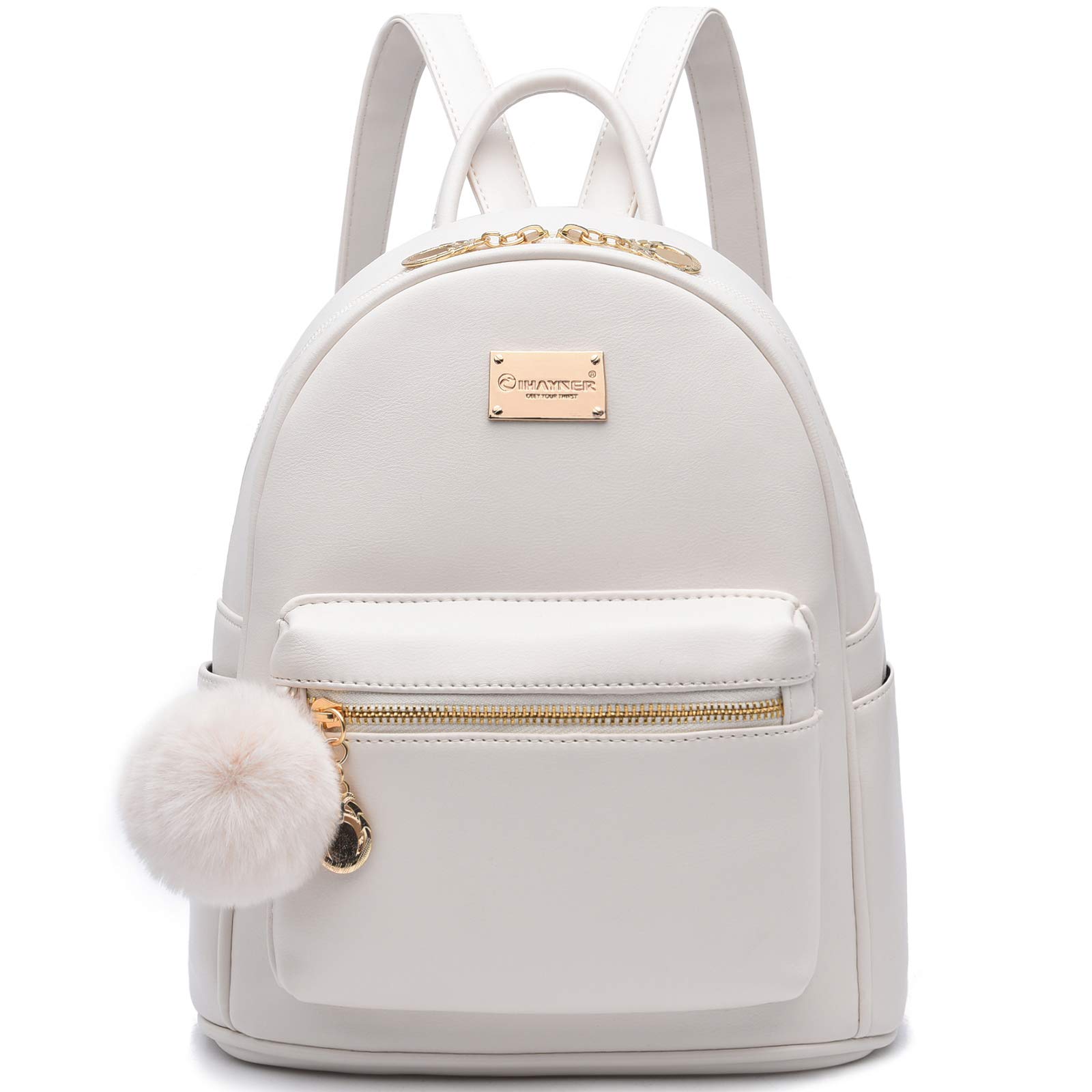 IHAYNER Girls Fashion Backpack Purse - Genuine Leather Mini Backpack for Women & Teens, Cute Satchel School Bag with Pompom, Perfect for Travel, Daypack & Daily Use